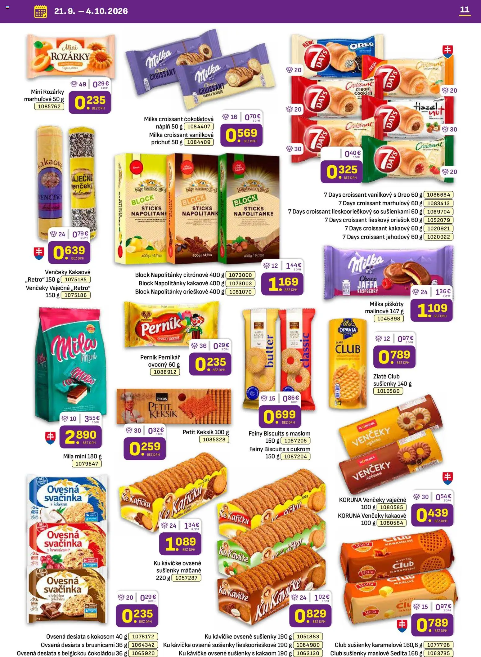 Nové Libex akcie – leták je platný od 21.09.2026 | Strana: 11 | Produkty: Piškóty, Venčeky, Oreo, Mila