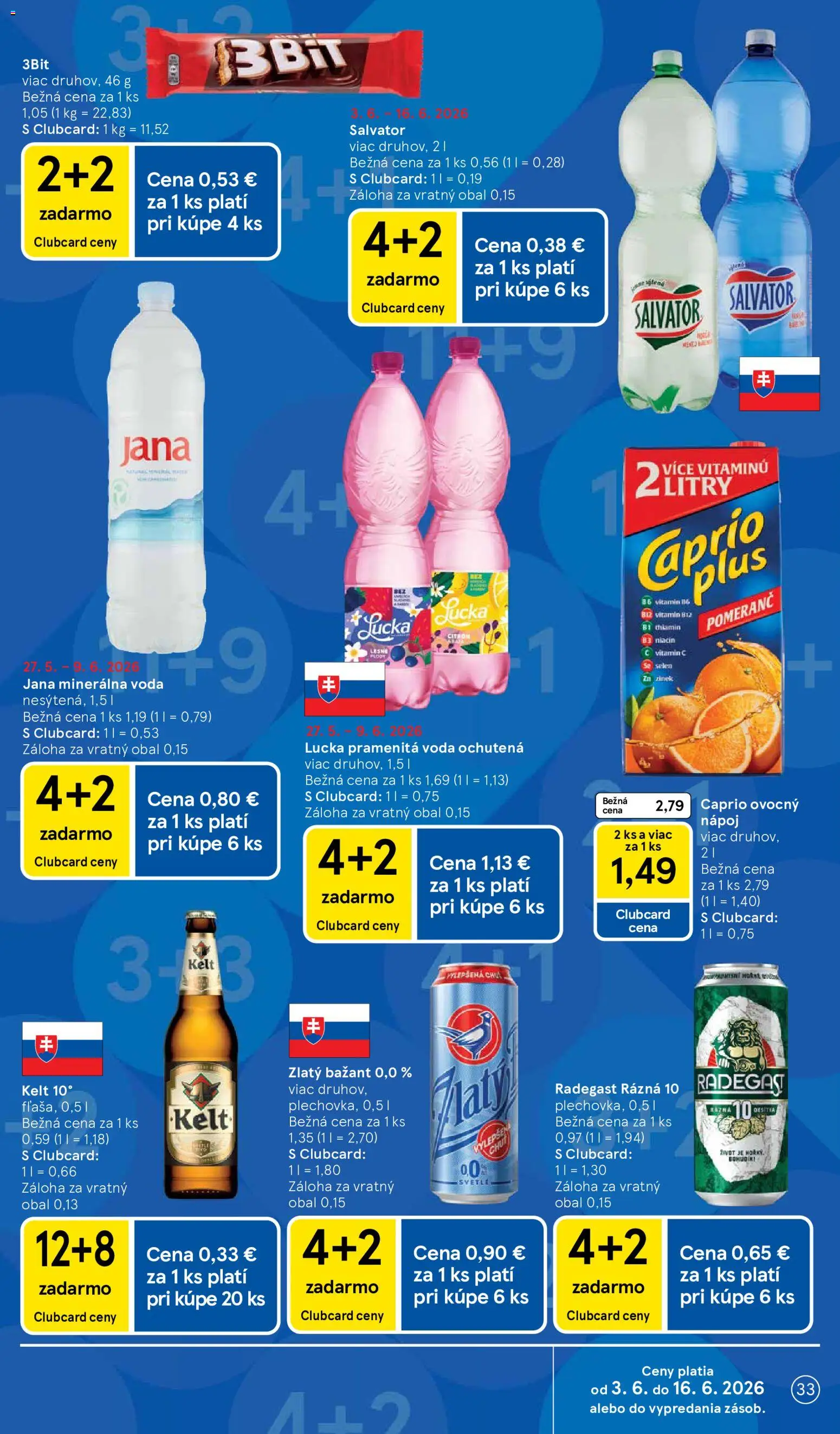 Nové Tesco akcie – leták je platný od 03.06.2026 | Strana: 33 | Produkty: Kelt, Pramenitá voda, Lucka, Voda