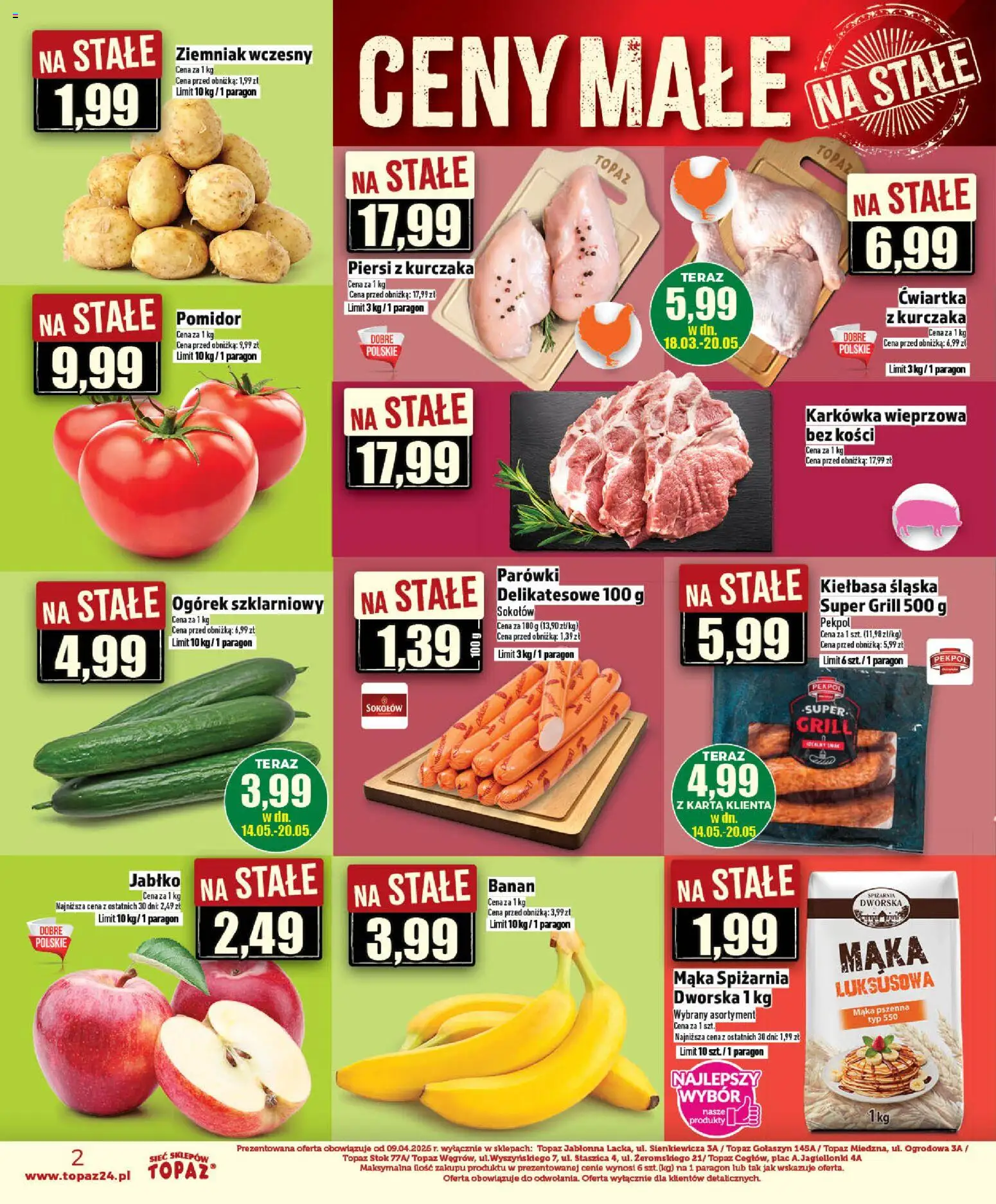 Topaz gazetka - Ceny małe na stałe od 14.05.2026 | Strona: 2 | Produkty: Kiełbasa, Karta, Piersi, Karkówka wieprzowa