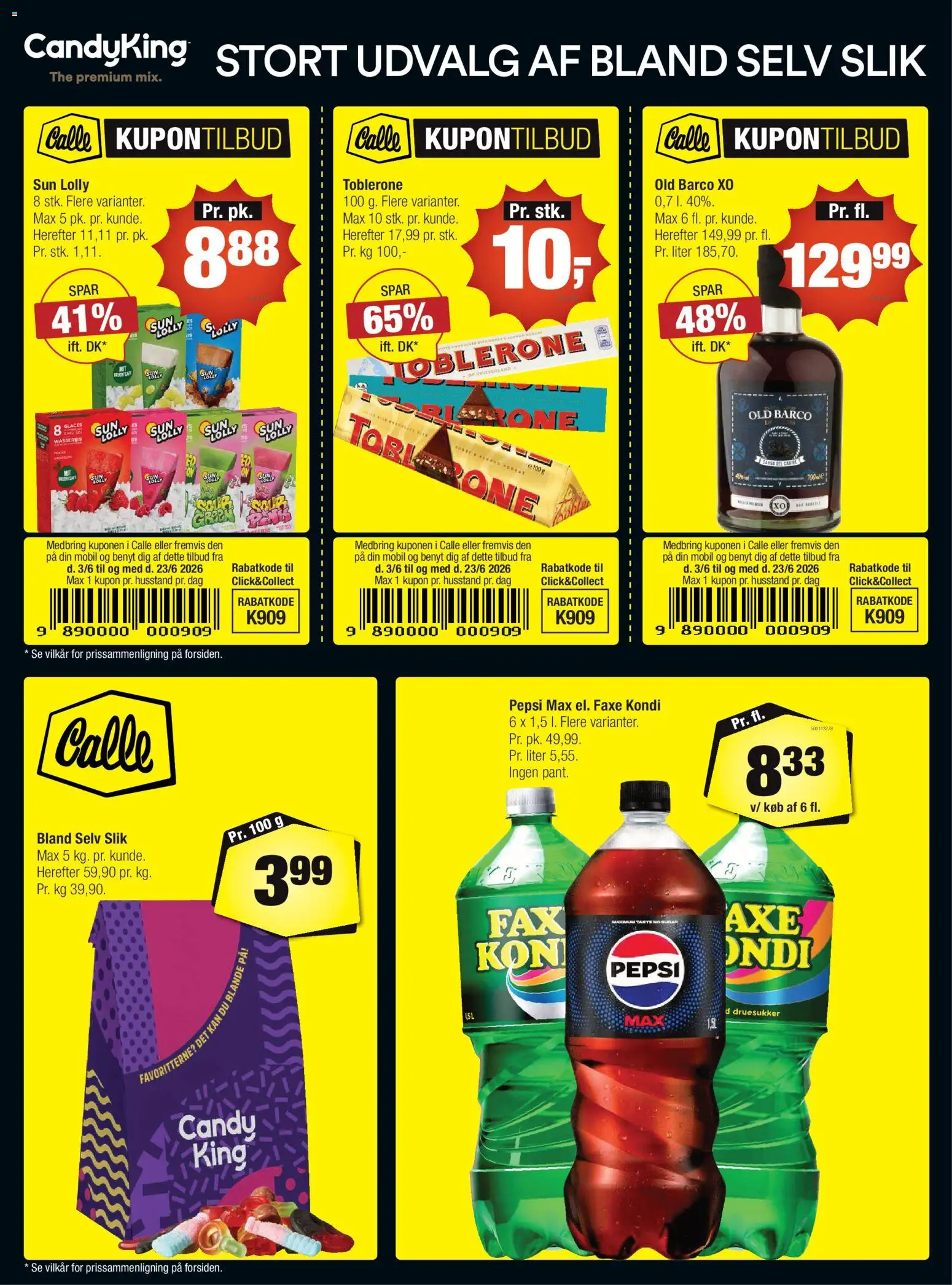 Calle tilbudsavis – gyldig fra 03.06.2026 | Side: 1 | Produkter: Slik, Faxe Kondi, Pepsi, Pepsi Max
