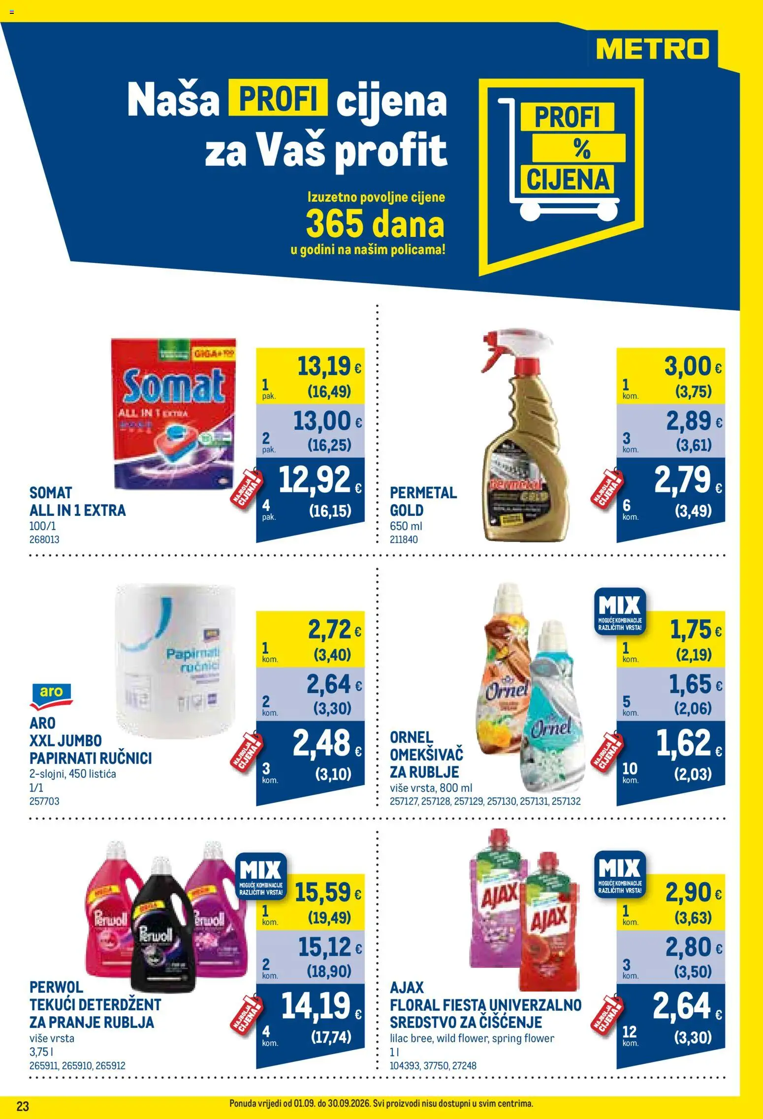 Metro katalog | vrijedi od 01.09.2026 | Stranica: 23 | Proizvodi: Deterdžent, Papirnati ručnici, Tekući deterdžent, Somat