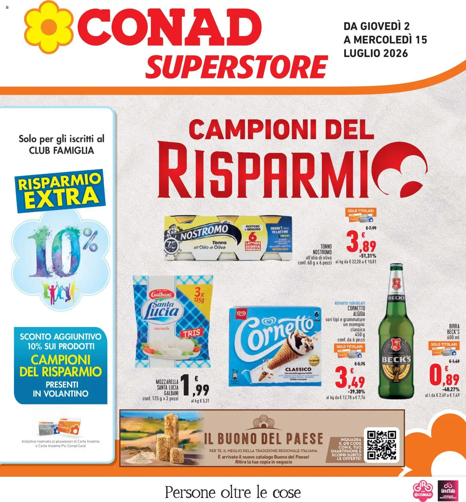Volantino Conad del 02/07/2026 | Pagina: 1 | Prodotti: Birra, Cornetto, Mozzarella, Tonno