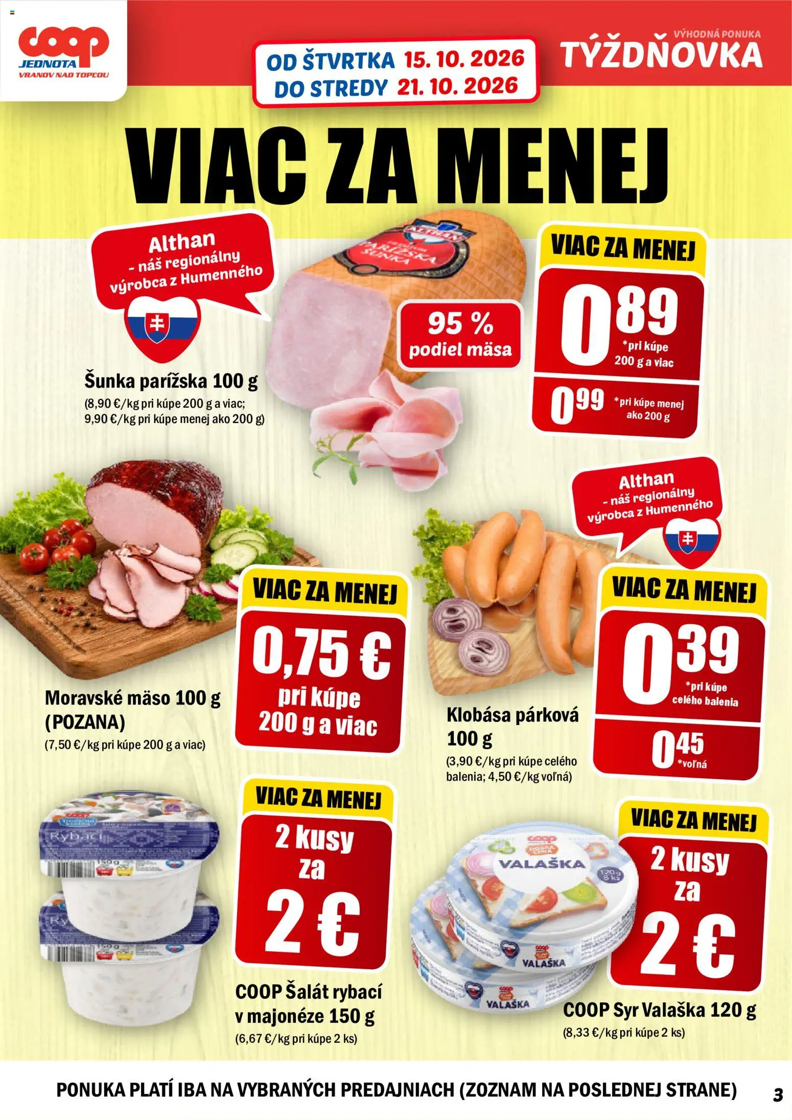 Nové COOP Jednota akcie – leták je platný od 15.10.2026 | Strana: 3 | Produkty: Syr, Šunka, Klobása, Šalát