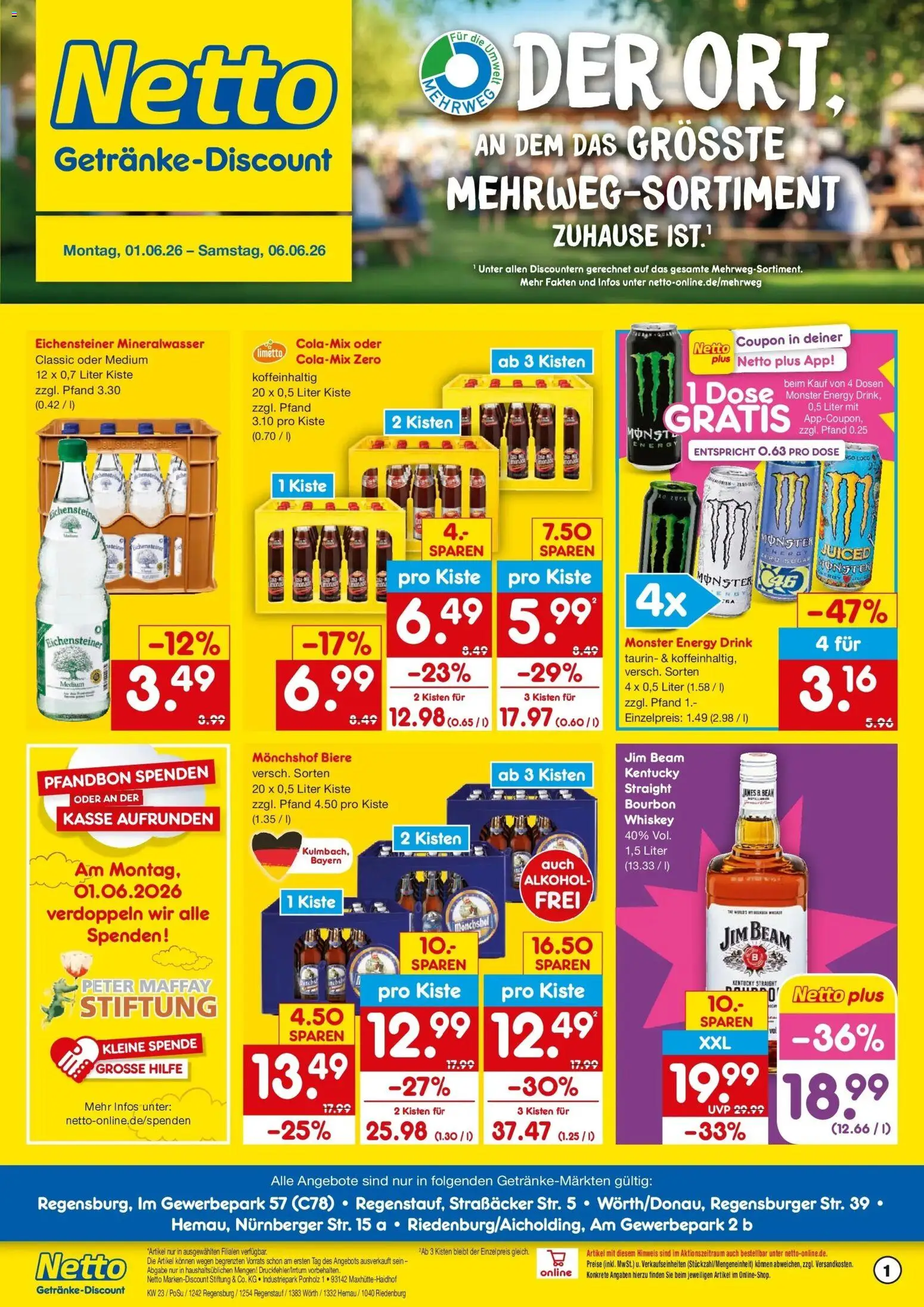 Netto Marken-Discount Prospekt Regenstauf – gültig ab 01.06.2026 | Seite: 1 | Produkte: Monchshof, Energy, Mineralwasser, Monster