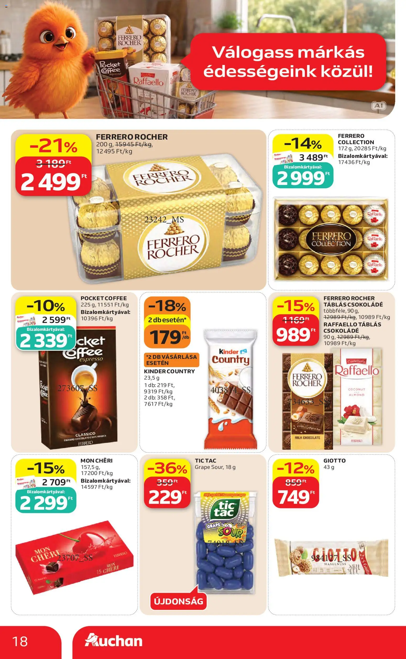 Auchan akciós ujság - amely érvényes a következő dátumtól: 2026.09.10. | Oldal: 18 | Termékek: Raffaello, Mon Chéri, Ferrero rocher, Csokoládé