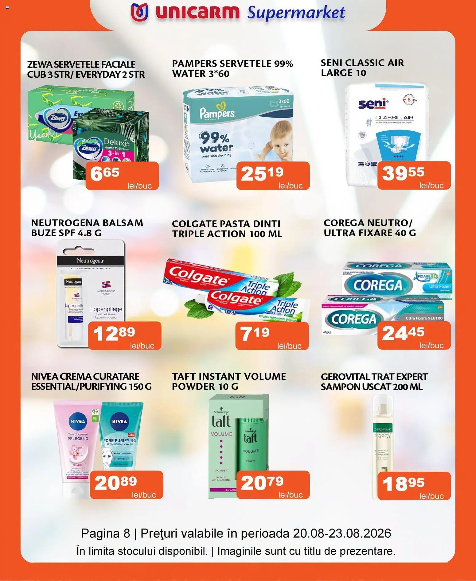 Noul catalog Unicarm – valabil de la 20.08.2026 | Pagină: 8 | Produse: Pampers, Șampon, Cremă, Șampon uscat