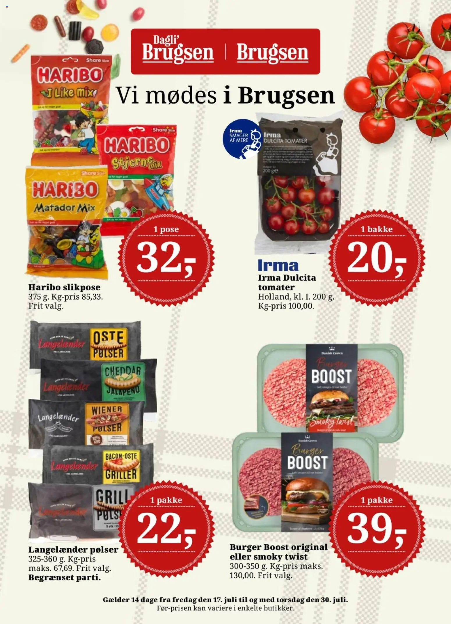 Dagli'Brugsen tilbudsavis – gyldig fra 17/07/2026 | Side: 1 | Produkter: Cheddar, Pølser, Tomater, Grill
