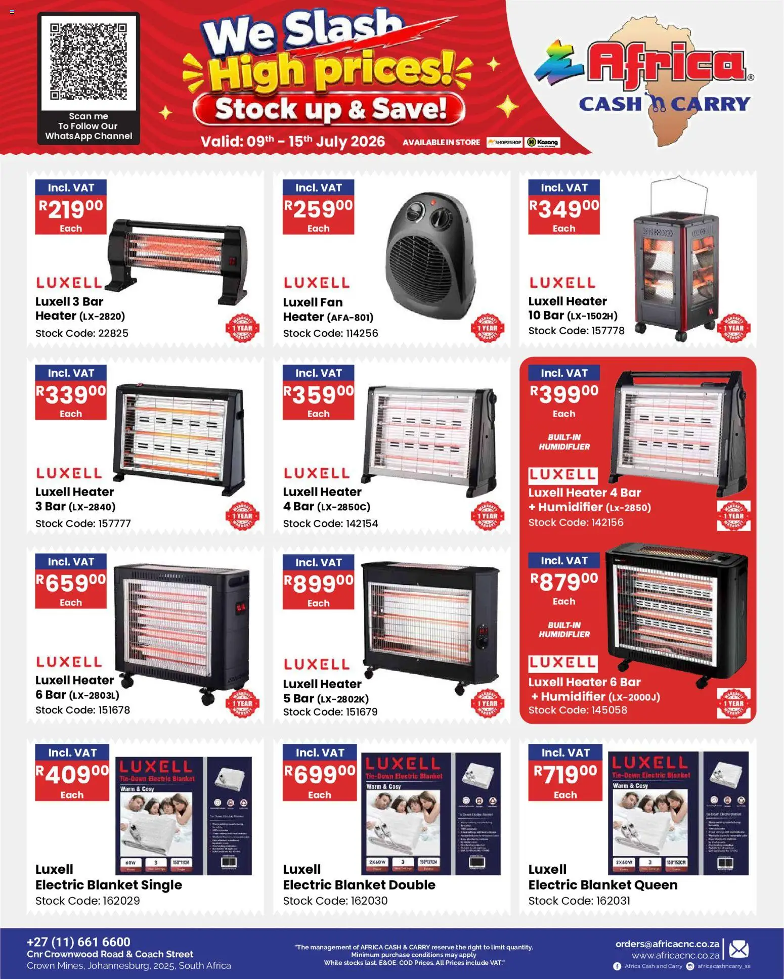 New Africa Cash & Carry catalogue – valid from 09/07/2026 | Page: 36 | Products: Fan, Blanket, Heater, Stock