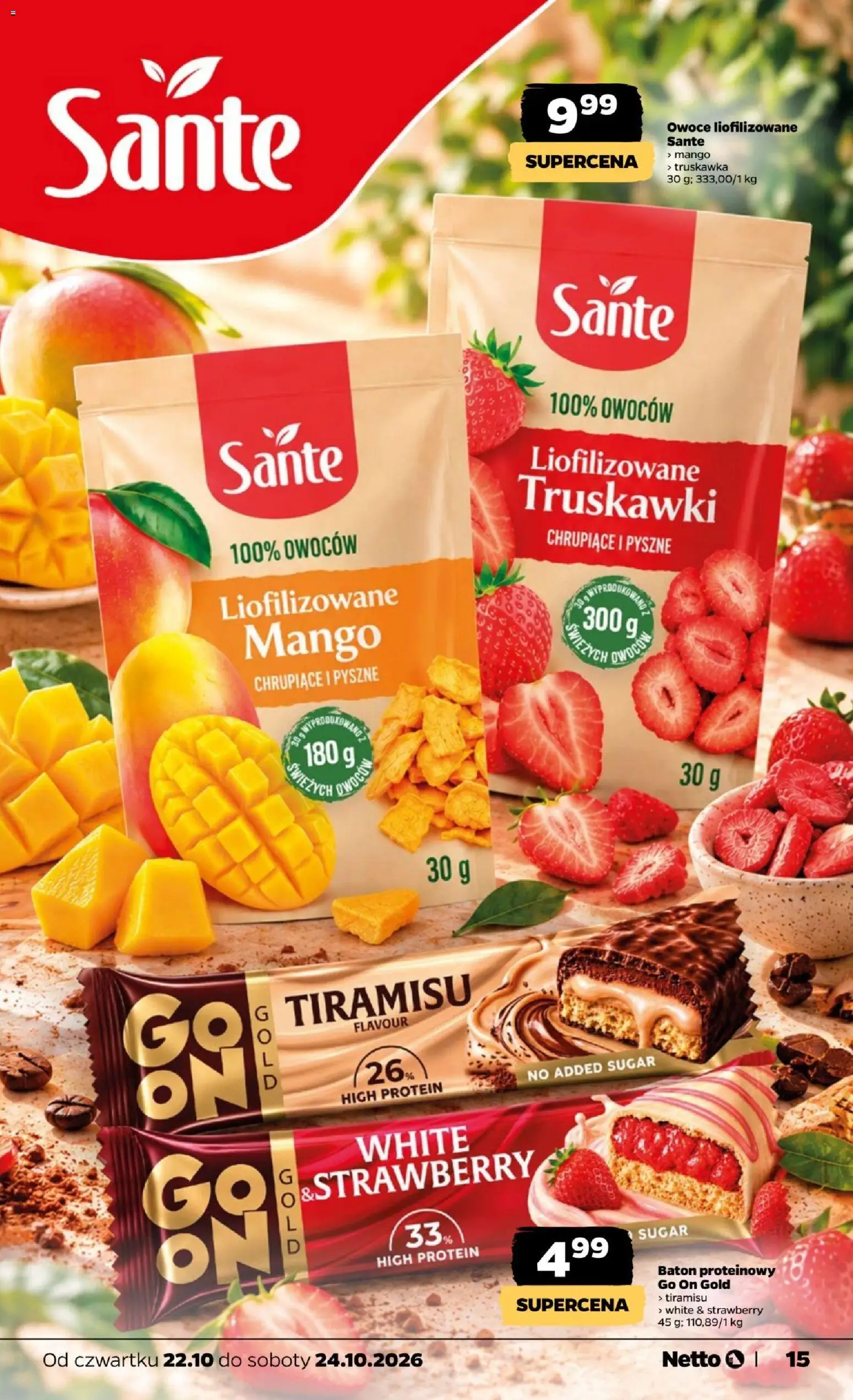 Netto gazetka od czwartku od 22.10.2026 | Strona: 15 | Produkty: High Protein, Baton proteinowy, Truskawki, Owoce