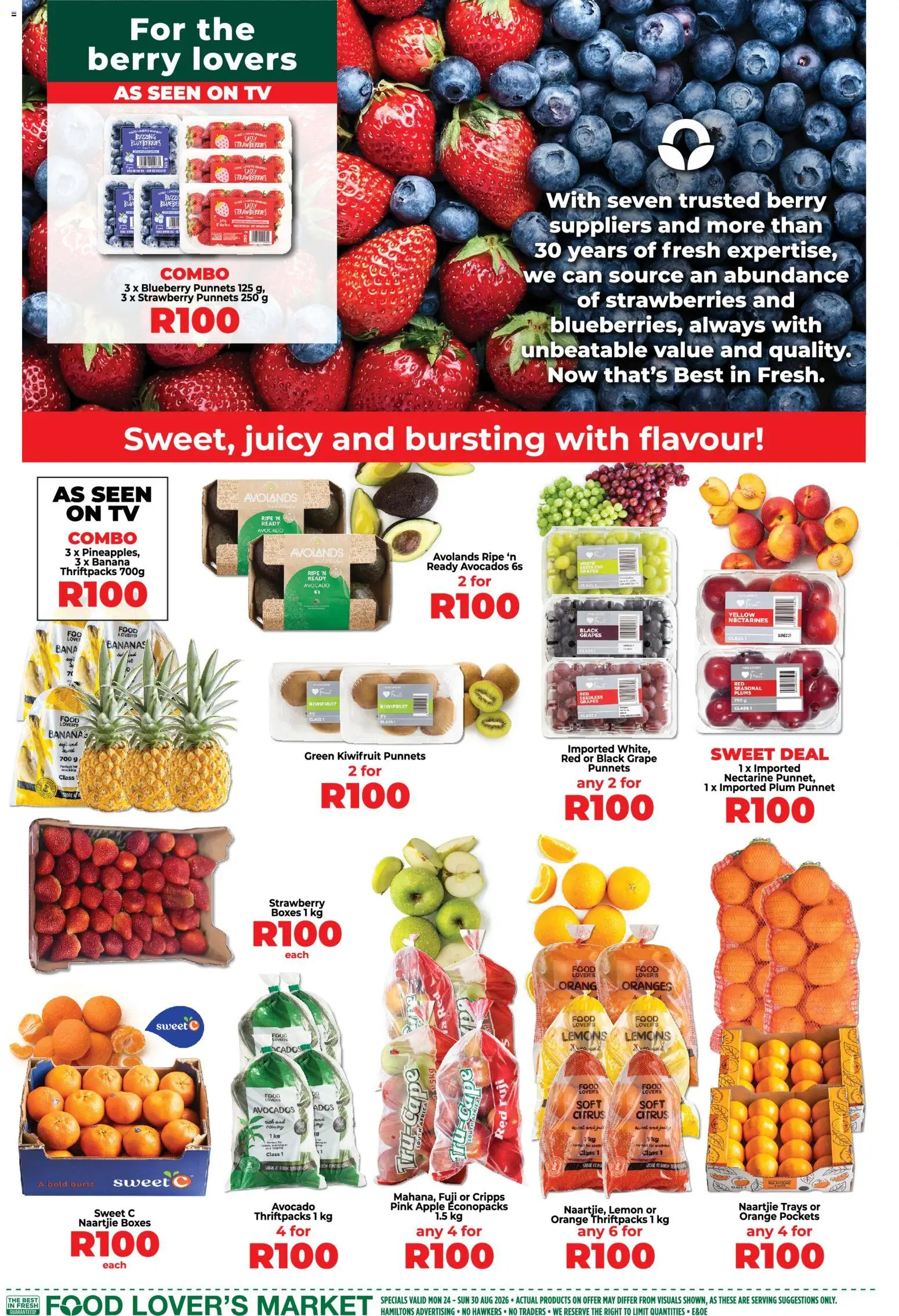 New Food Lover's Market catalogue – valid from 24/08/2026 | Page: 3 | Products: Lemons, Bananas, Avocados, Grapes