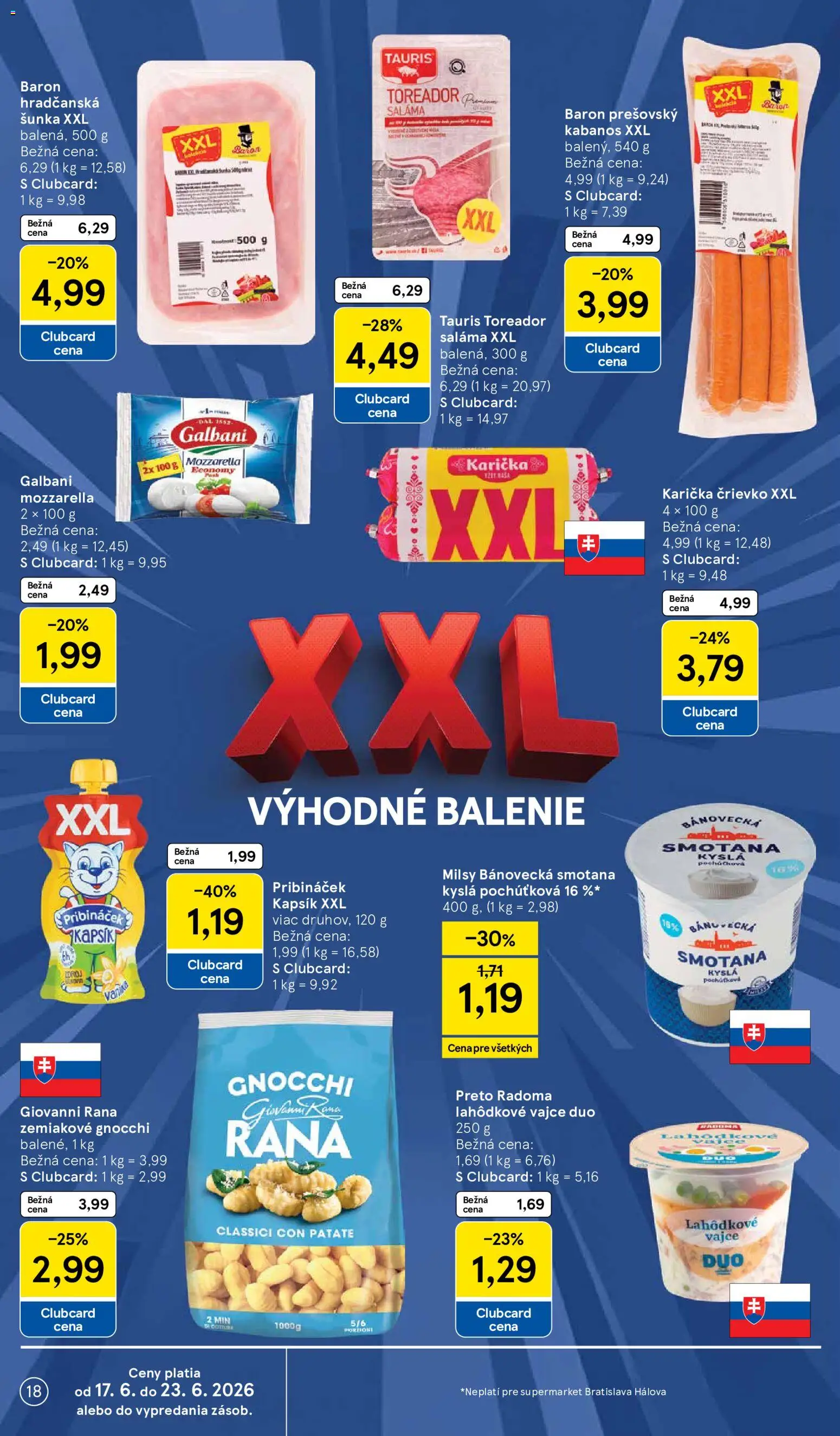 Nové Tesco akcie – leták je platný od 17.06.2026 | Strana: 18 | Produkty: Saláma, Šunka, Smotana, Mozzarella