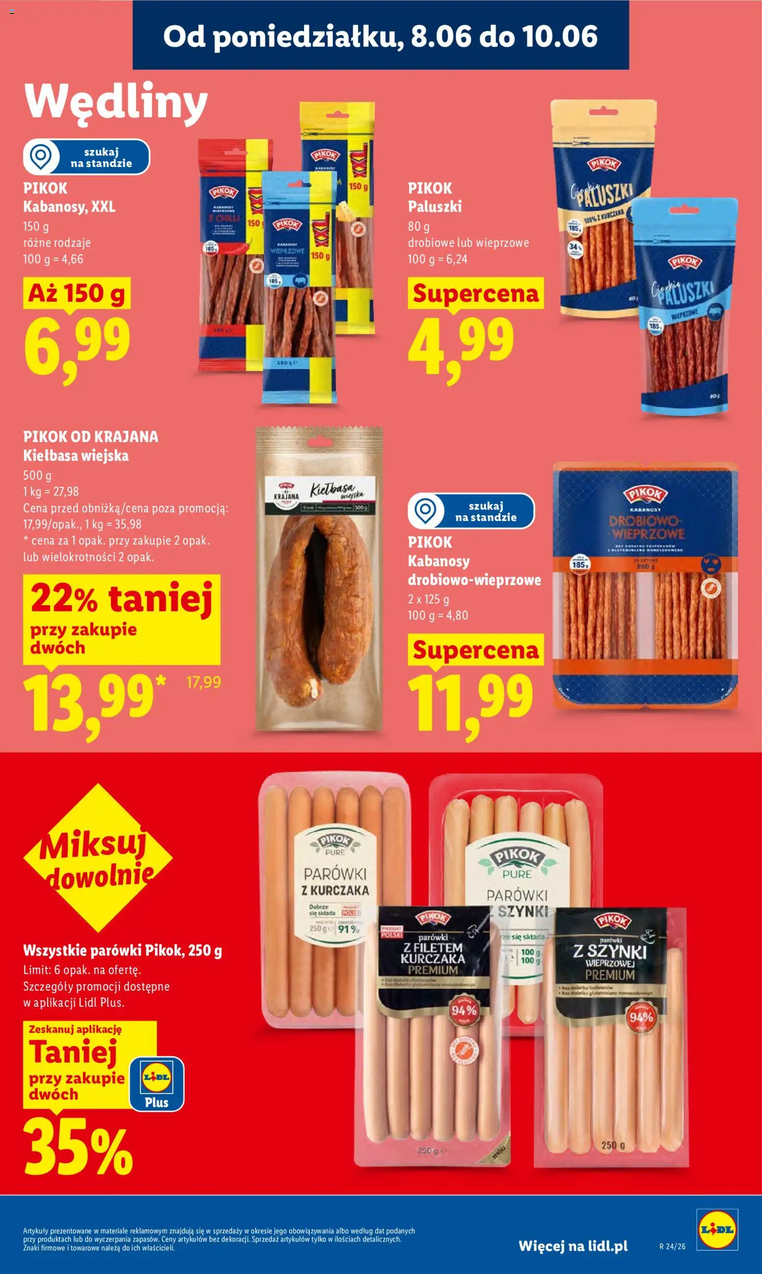 Lidl gazetka od 08.06.2026 | Strona: 53 | Produkty: Kiełbasa, Parówki z szynki, Parówki z filetem kurczaka, Wędliny