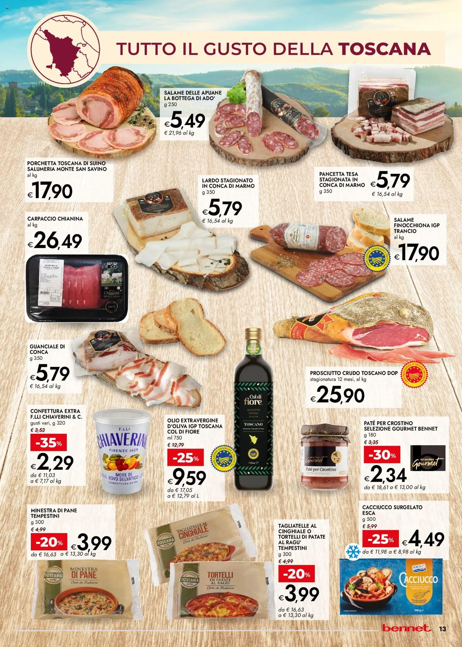 Volantino bennet del 07.04.2026 | Pagina: 13 | Prodotti: Prosciutto Crudo, Tagliatelle, Olio, Ragú