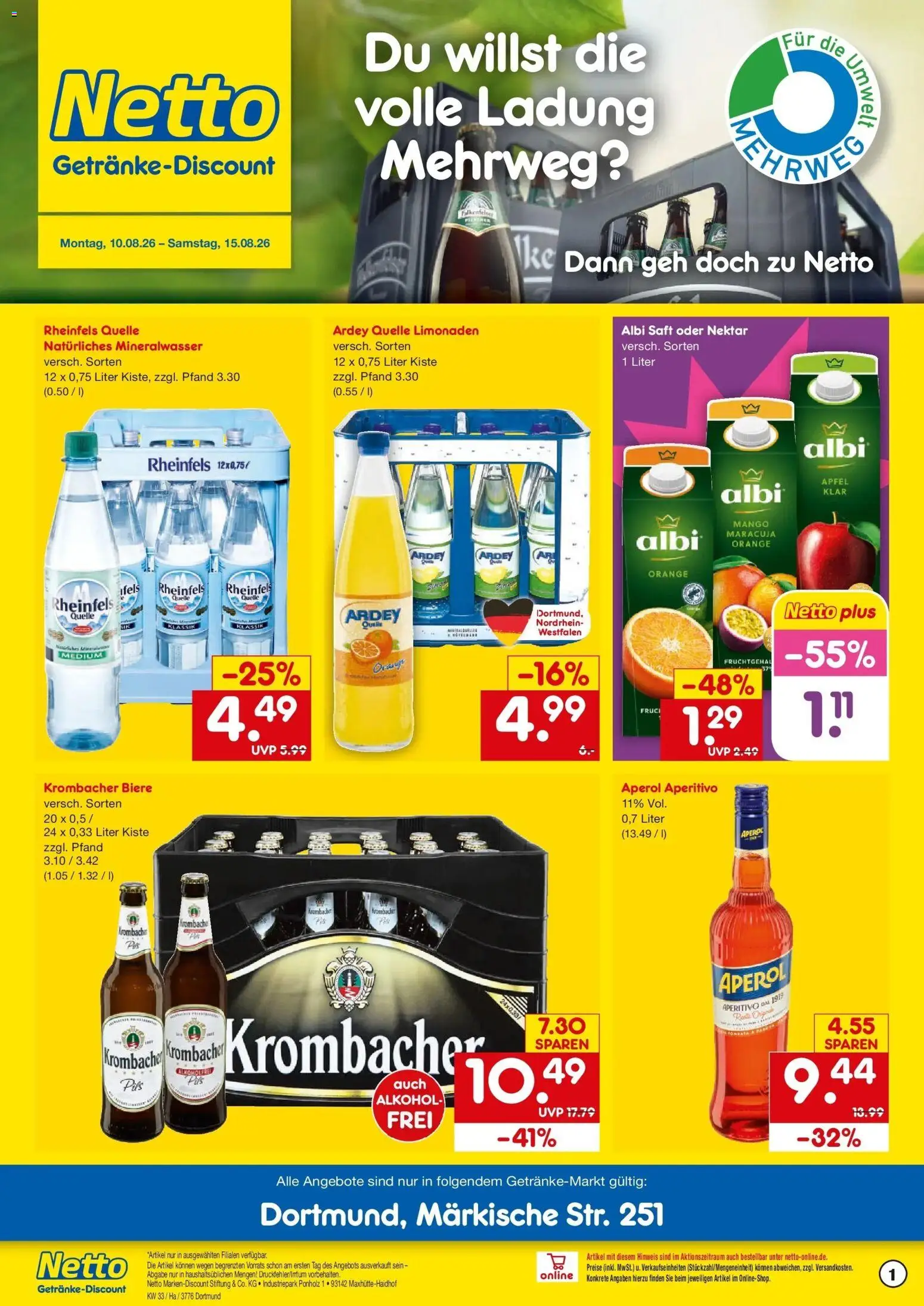 Netto Marken-Discount Prospekt Dortmund – gültig ab 10.08.2026 | Seite: 1 | Produkte: Pils, Krombacher, Saft, Rheinfels quelle