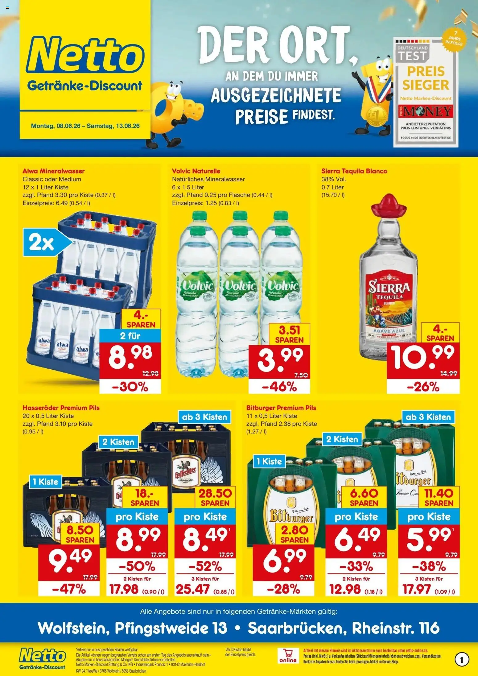 Netto Marken-Discount Prospekt Saarbrücken – gültig ab 08.06.2026 | Seite: 1 | Produkte: Bitburger, Pils, Mineralwasser, Volvic