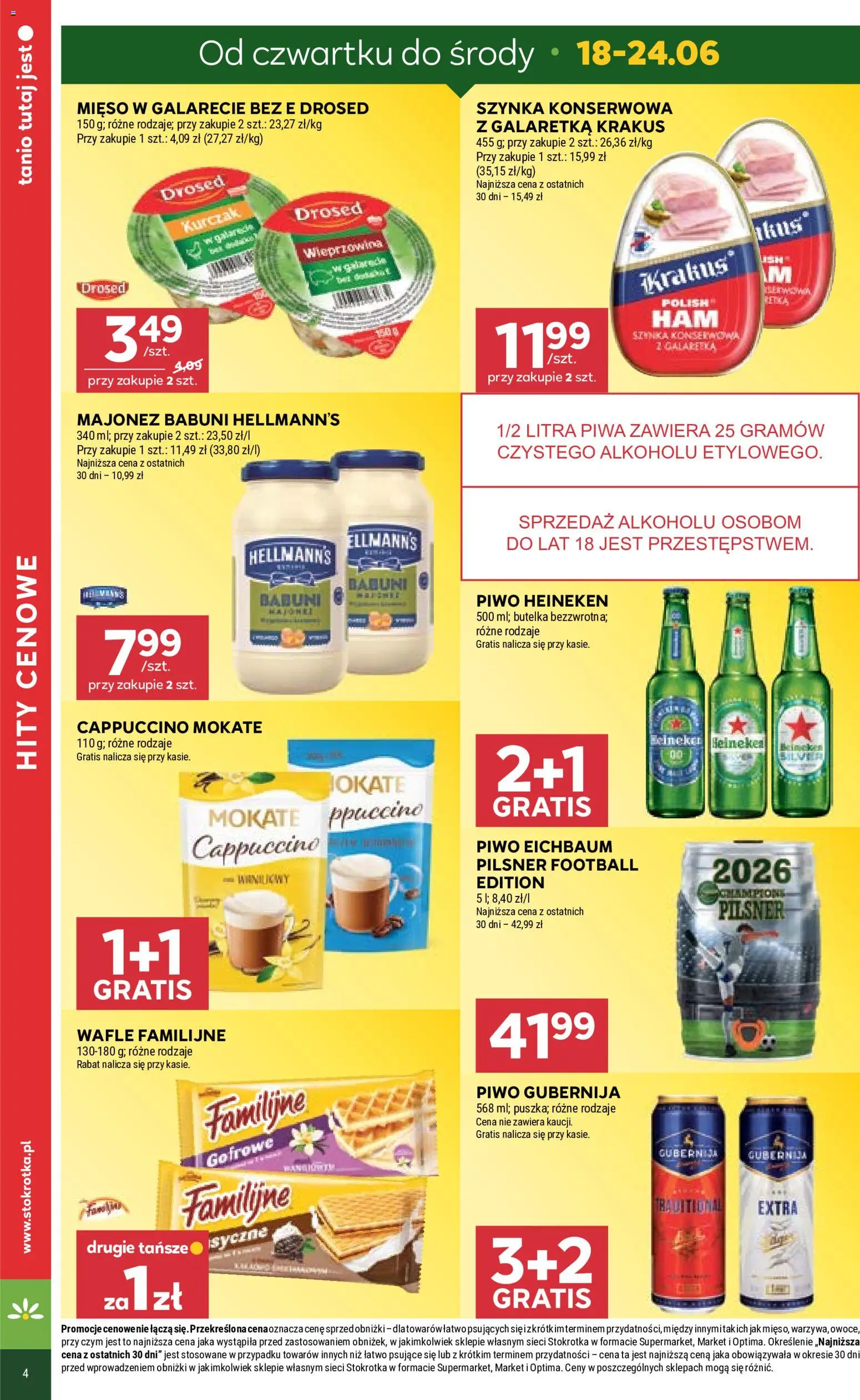 Stokrotka gazetka od 18.06.2026 | Strona: 4 | Produkty: Szynka, Owoce, Majonez, Heineken