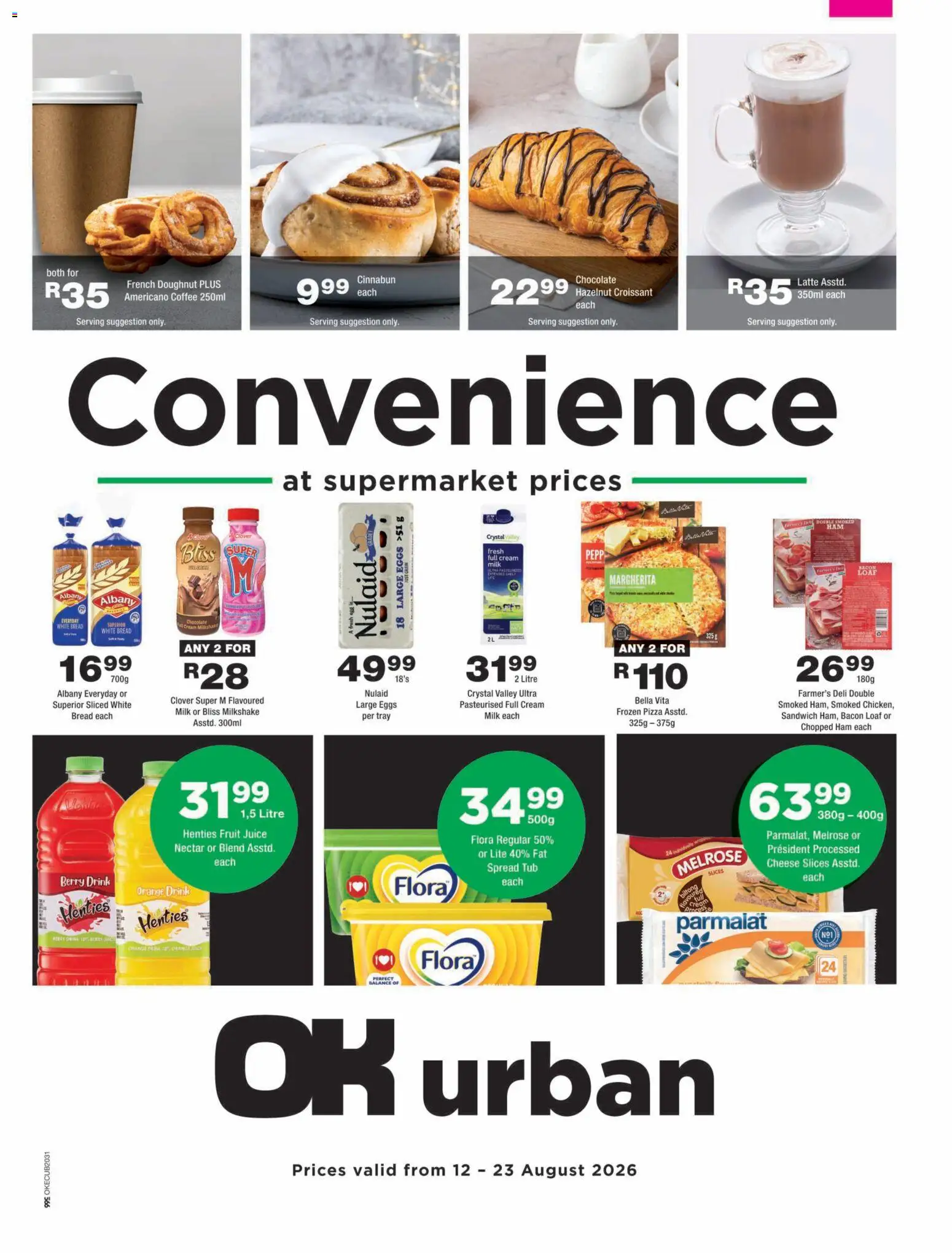 New OK Foods catalogue – valid from 12/08/2026 | Page: 1 | Products: Frozen pizza, Coffee, Chocolate, Juice