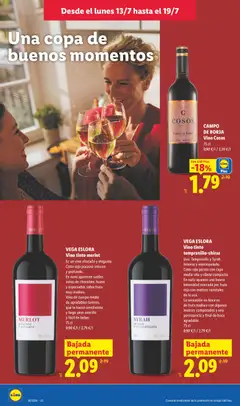 Vista previa VEGA ESLORA Vino tinto merlot, Es un vino afrutado y elegante. Color rojo púrpura intenso y profundo. En nariz aparecen sutiles notas de chocolate, humo y especiados sobre fruta muy madura. Vino de cuerpo medio de agradables taninos, que lo hacen envolvente y largo pero sencillo y fácil de beber. 75 cl. válido desde el 13/07/2026 | Página: 34