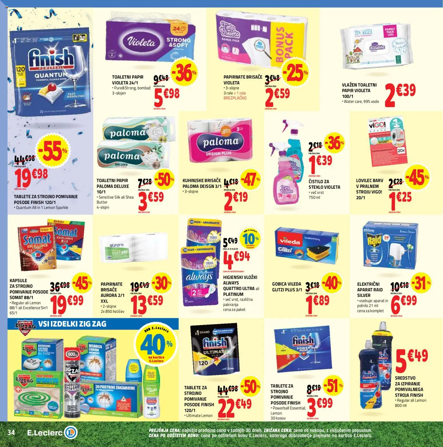 Novi E.leclerc katalog ponudbe – veljaven od 10.06.2026 | Stran: 34 | Izdelki: Higienski vložki, Toaletni papir, Gobica, Kuhinjske brisače
