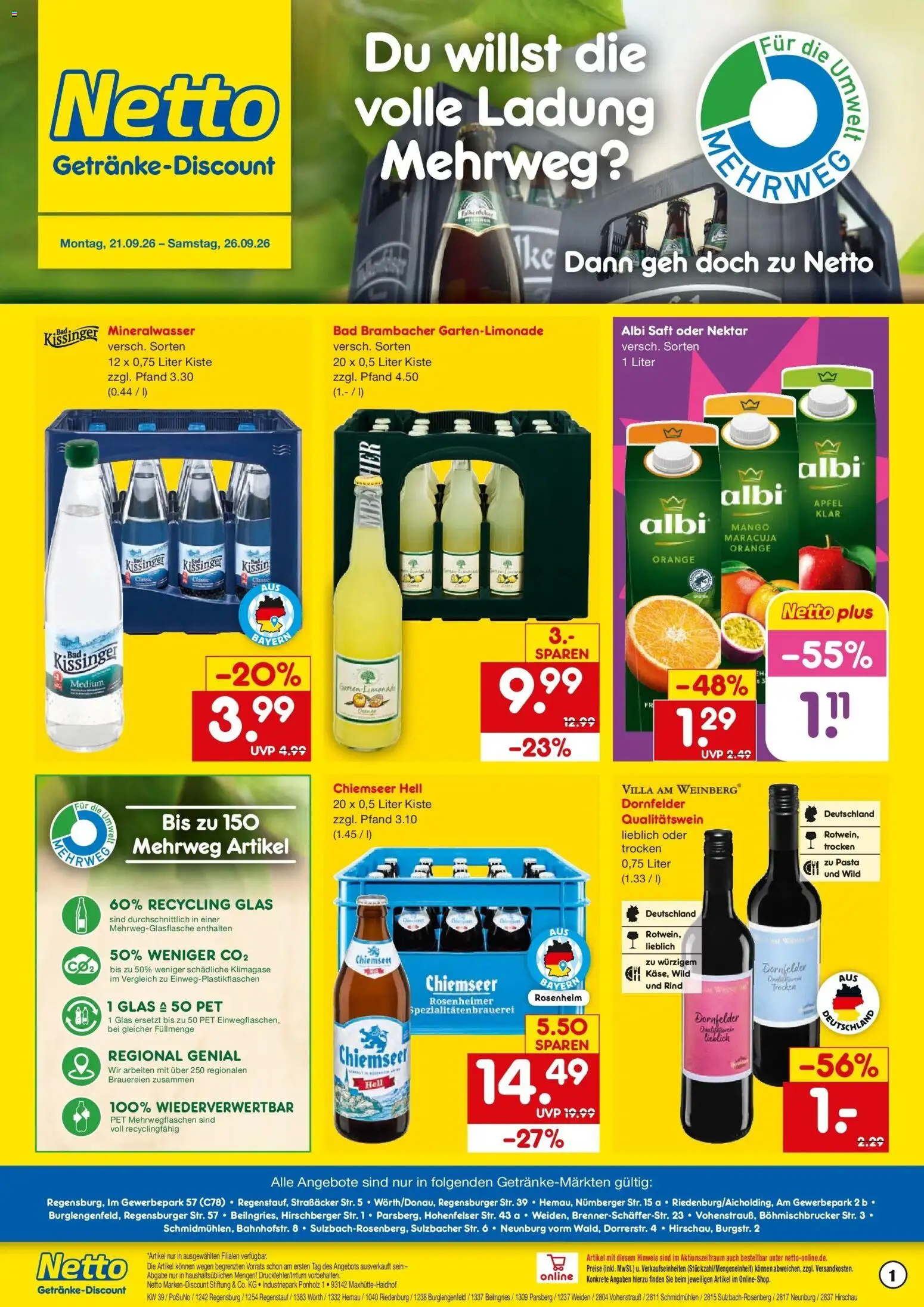 Netto Marken-Discount Prospekt Riedenburg-Aicholding – gültig ab 21.09.2026 | Seite: 1 | Produkte: Bad, Äpfel, Mineralwasser, Saft
