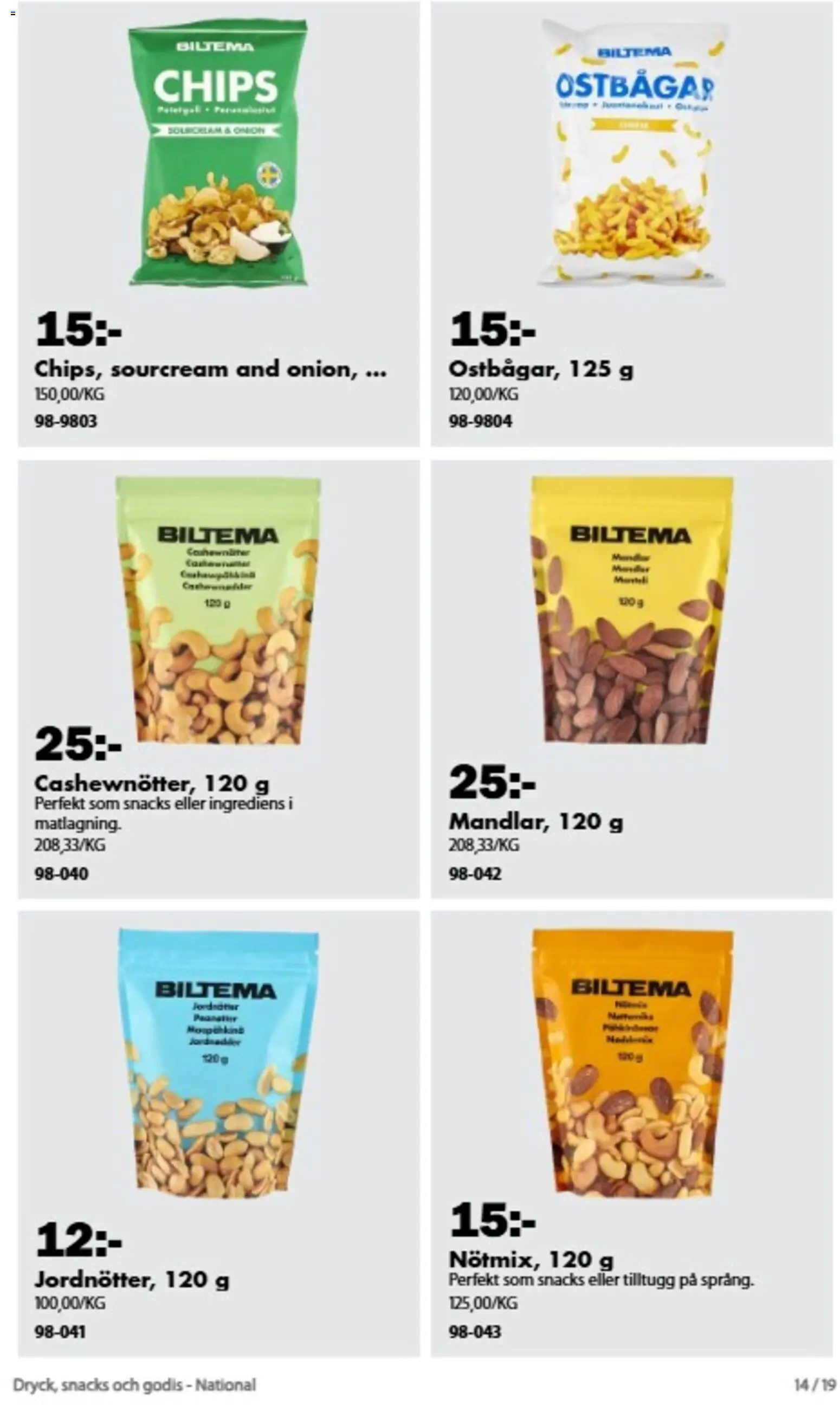 Biltema reklamblad aktuell från 21/08/2026 | Sida: 13 | Produkter: Ostbågar, Chips, Snacks, Godis