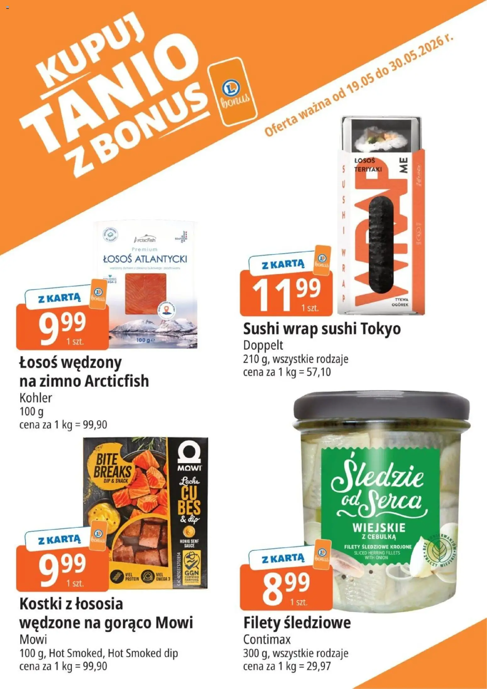 E.Leclerc gazetka - Kupony dodatkowe od 19.05.2026 | Strona: 9 | Produkty: Łosoś wędzony, Łosoś atlantycki, Łosoś, Sushi
