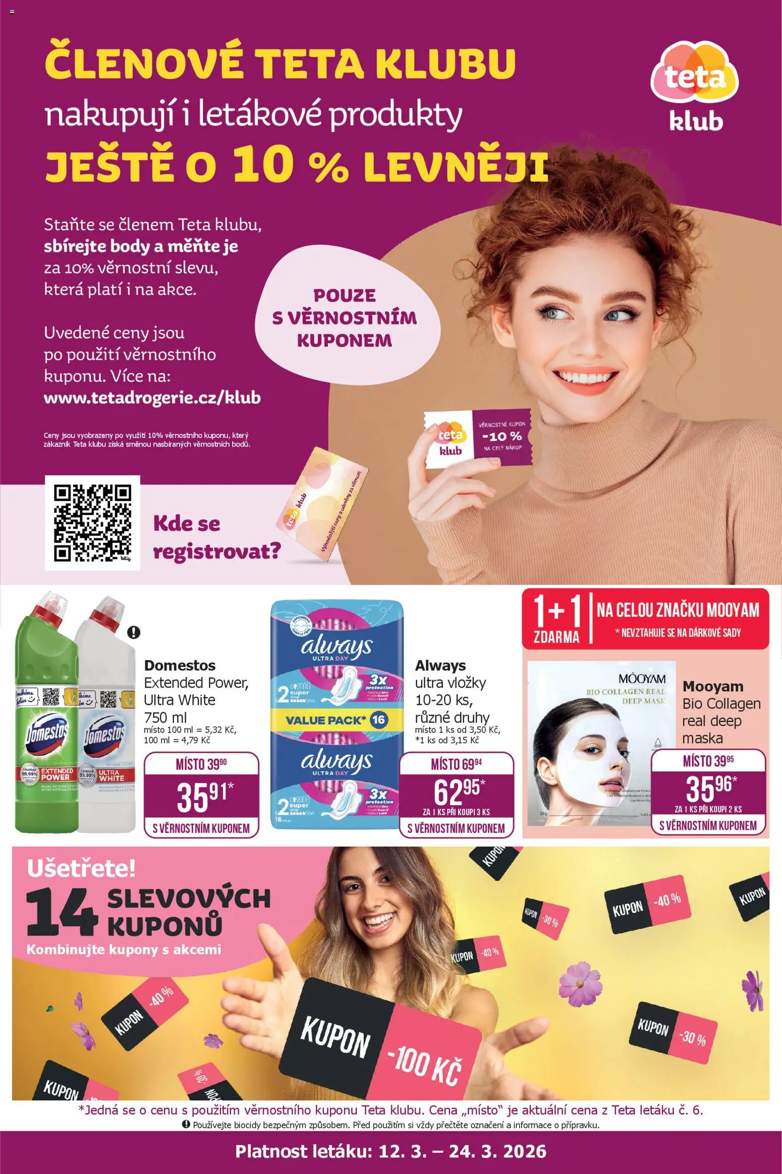TETA Drogerie leták - Klub od 12.03.2026 | Strana: 1 | Produkty: Vložky, Domestos, Body, Maska