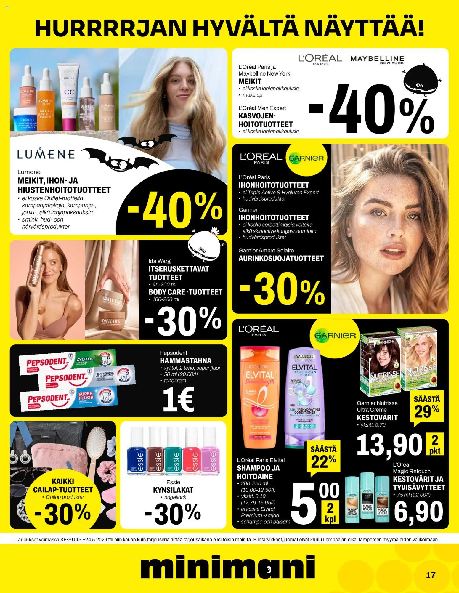 Minimani tarjoukset – voimassa 13.05.2026 alkaen | Sivu: 17 | Tuotteet: Shampoo, Hoitoaine, Hammastahna