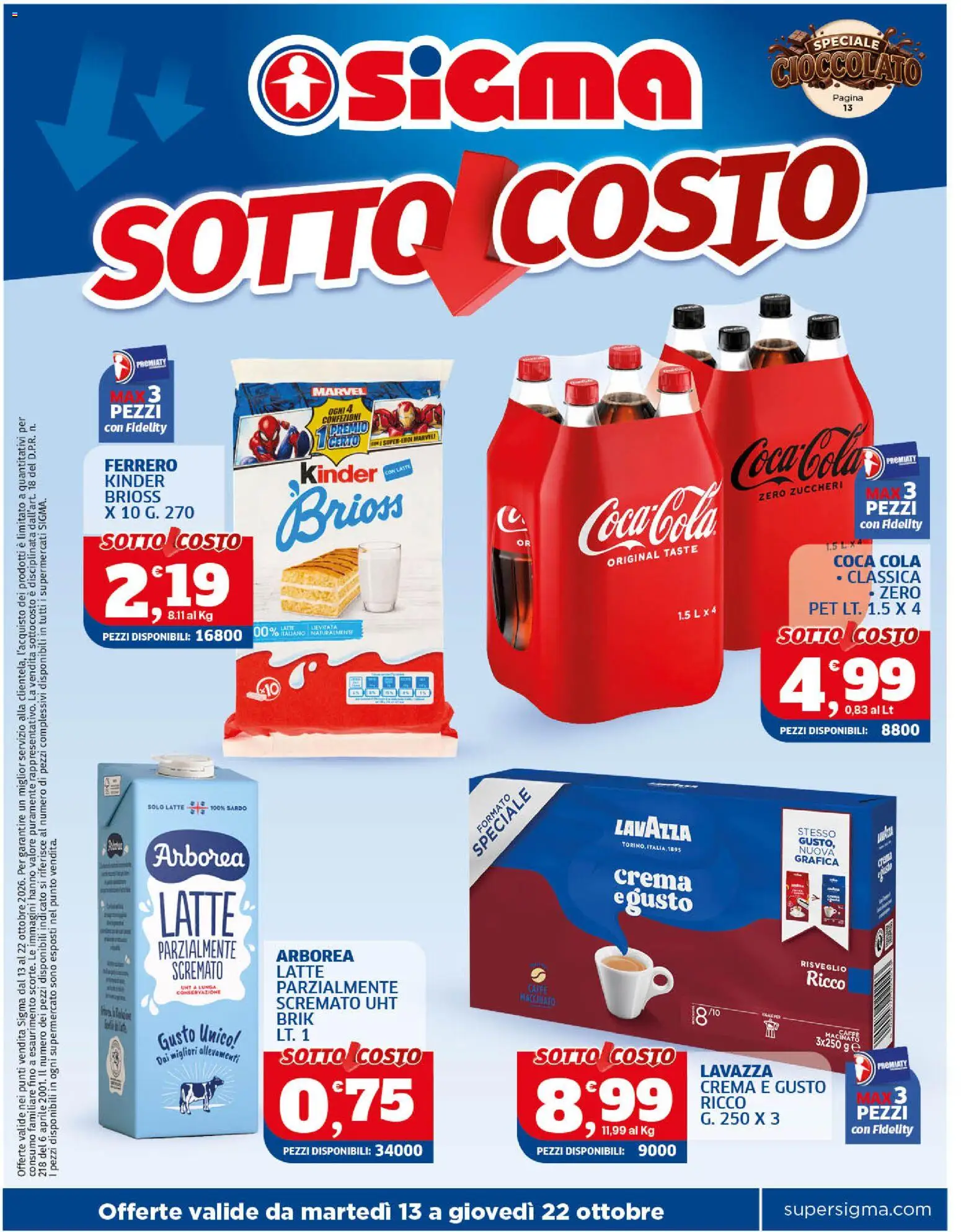 Volantino SIGMA del 13/10/2026 | Pagina: 1 | Prodotti: Latte, Lavazza, Caffè macinato, Coca Cola