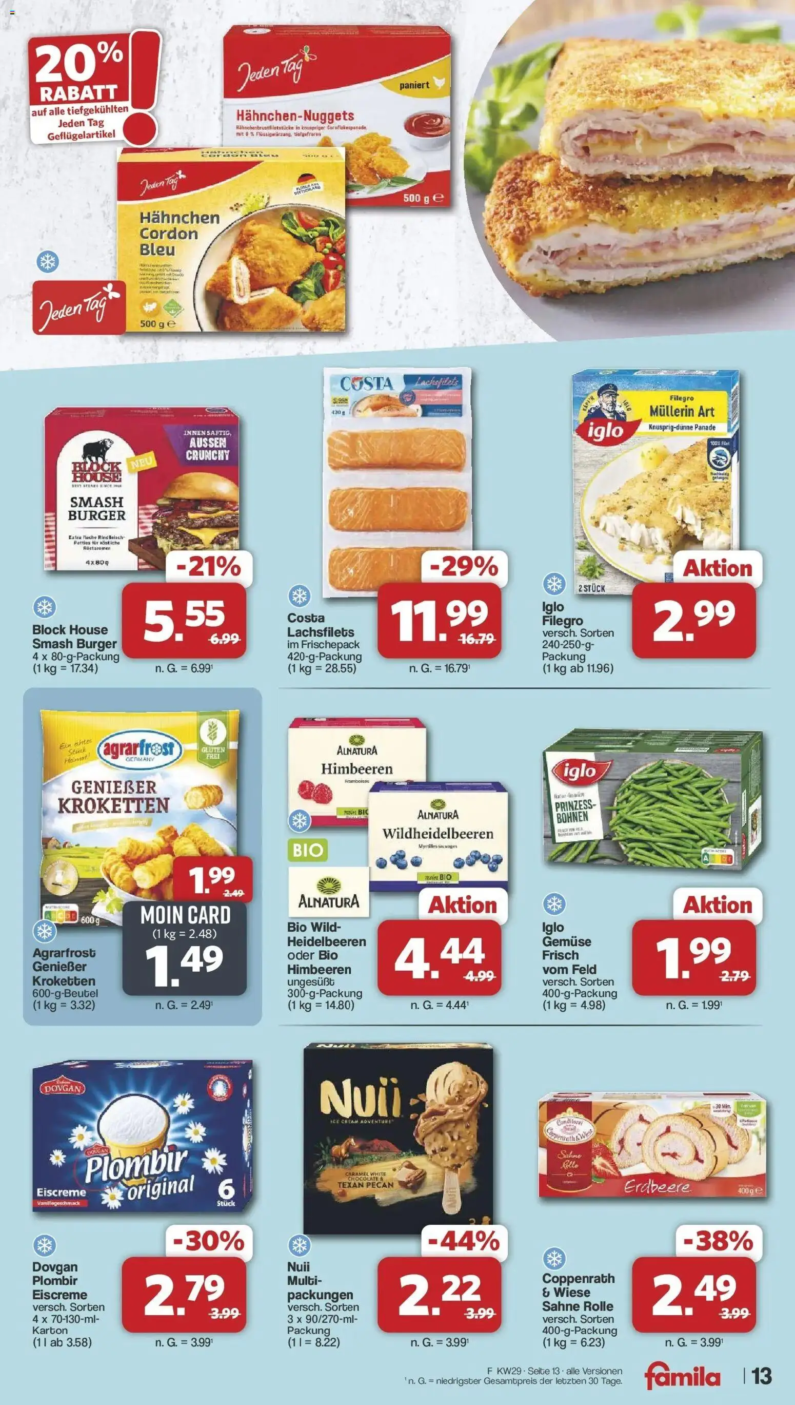 Famila Nordwest Prospekt Zeven – gültig ab 13.07.2026 | Seite: 13 | Produkte: Burger, Eiscreme, Heidelbeeren, Gemüse