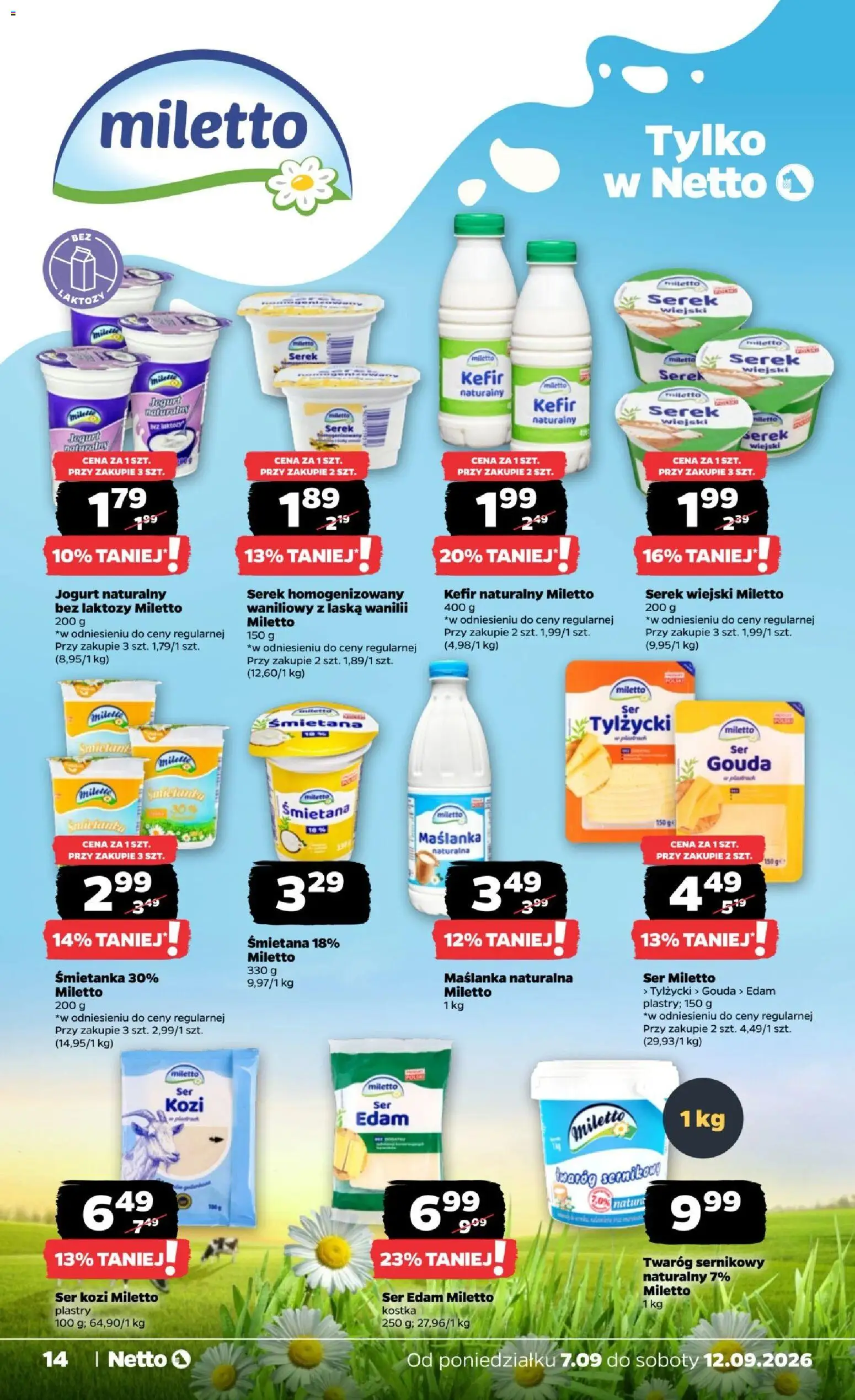 Netto gazetka od poniedziałku od 07.09.2026 | Strona: 14 | Produkty: Jogurt naturalny, Serek wiejski, Jogurt, Serek naturalny
