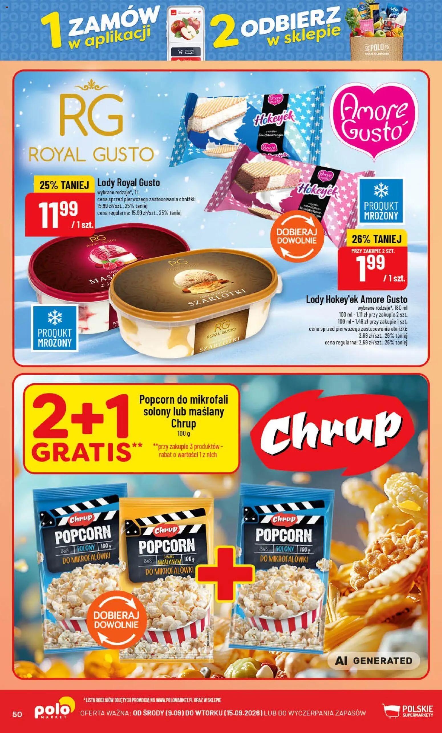POLOmarket gazetka od 09.09.2026 | Strona: 50 | Produkty: Popcorn do mikrofali, Popcorn, Lody