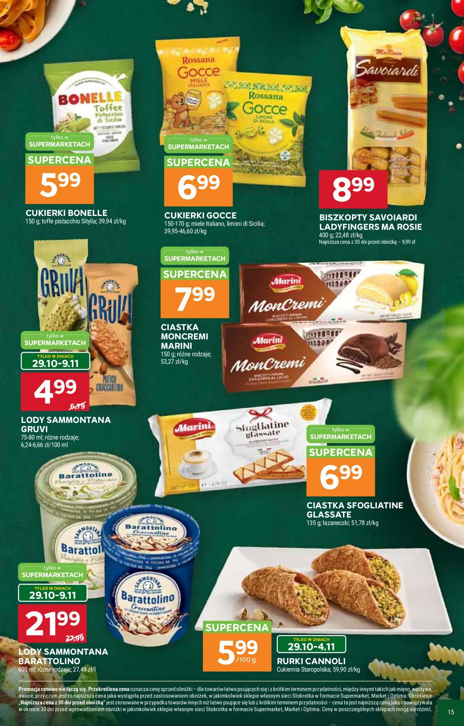 Stokrotka gazetka - Włochy od kuchni od 29.10.2026 | Strona: 15 | Produkty: Biszkopty, Cukierki, Ciastka, Lody