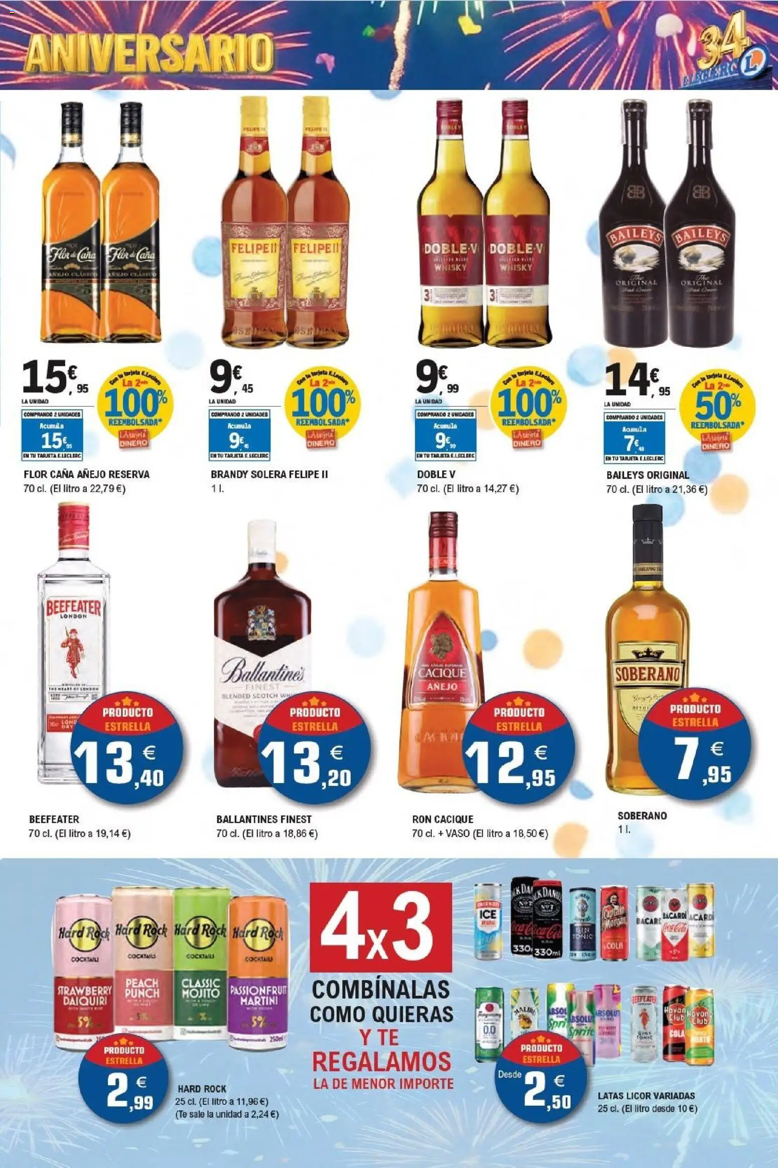 E.Leclerc Aniversario │ válido desde el 13/07/2026 | Página: 15 | Productos: Σφουγγαρίστρα, Licor, Ron, Whisky