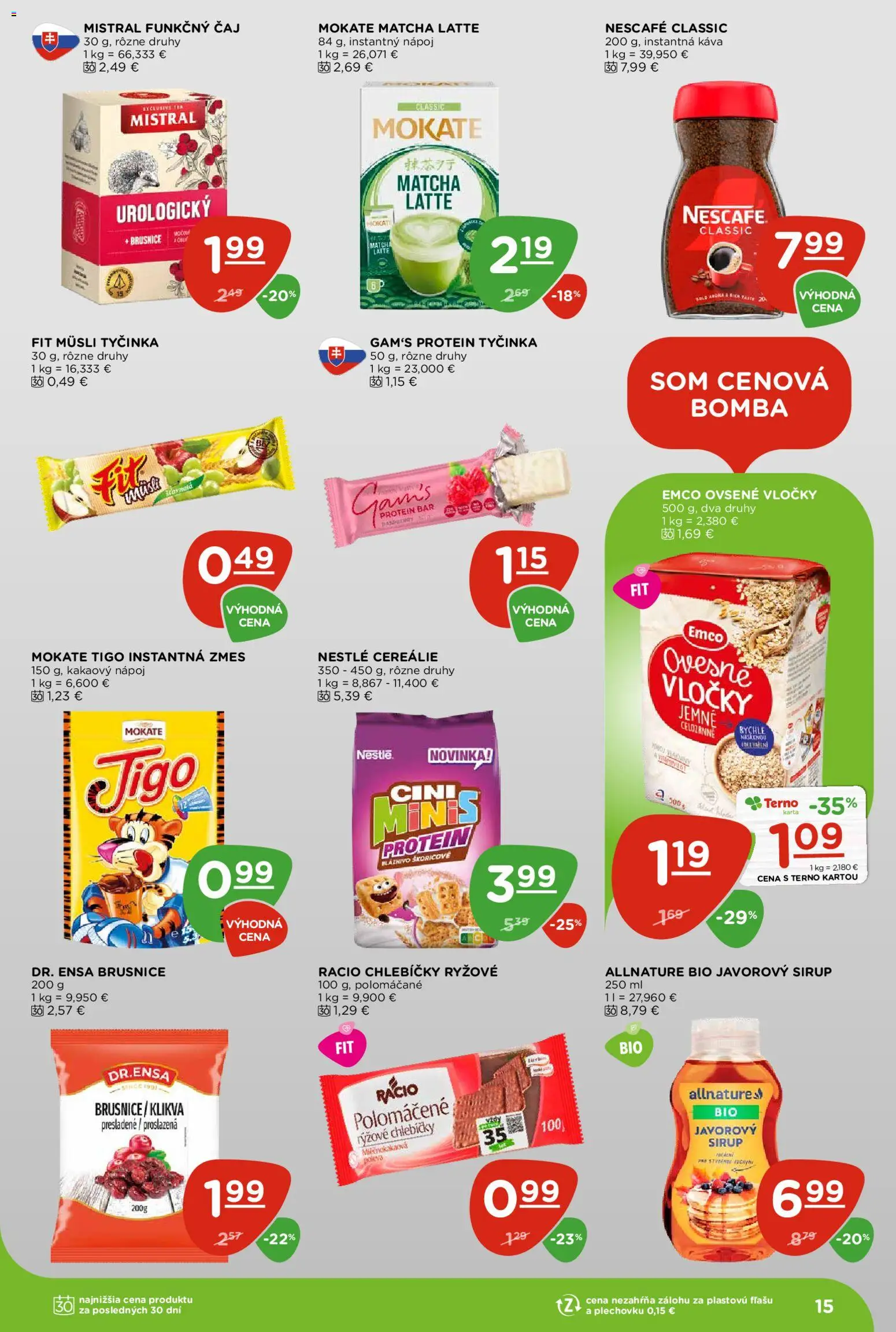 Nové Terno akcie – leták je platný od 18.06.2026 | Strana: 15 | Produkty: Javorový sirup, Protein, Cereálie, Nescafé Classic