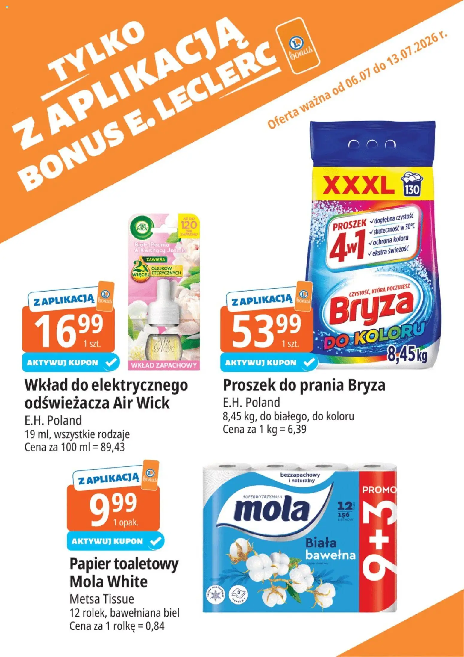 E.Leclerc gazetka - Tylko Z Aplikacją Bonus od 06.07.2026 | Strona: 1 | Produkty: Papier toaletowy, Proszek do prania
