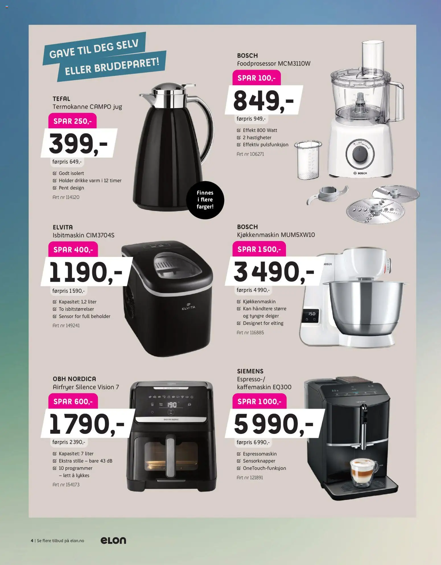 {H1} | Side: 4 | Produkter: Isbitmaskin, Espressomaskin, Foodprosessor, Kjøkkenmaskin