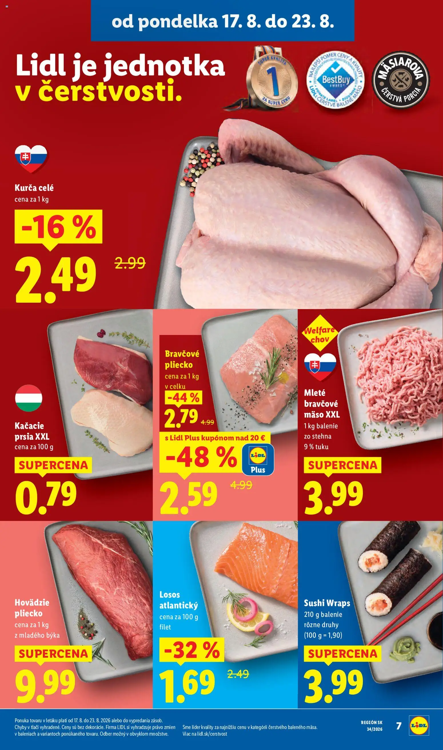 Nové Lidl akcie – leták je platný od 17.08.2026 | Strana: 11 | Produkty: Bravčové pliecko, Mäso, Losos, Sushi