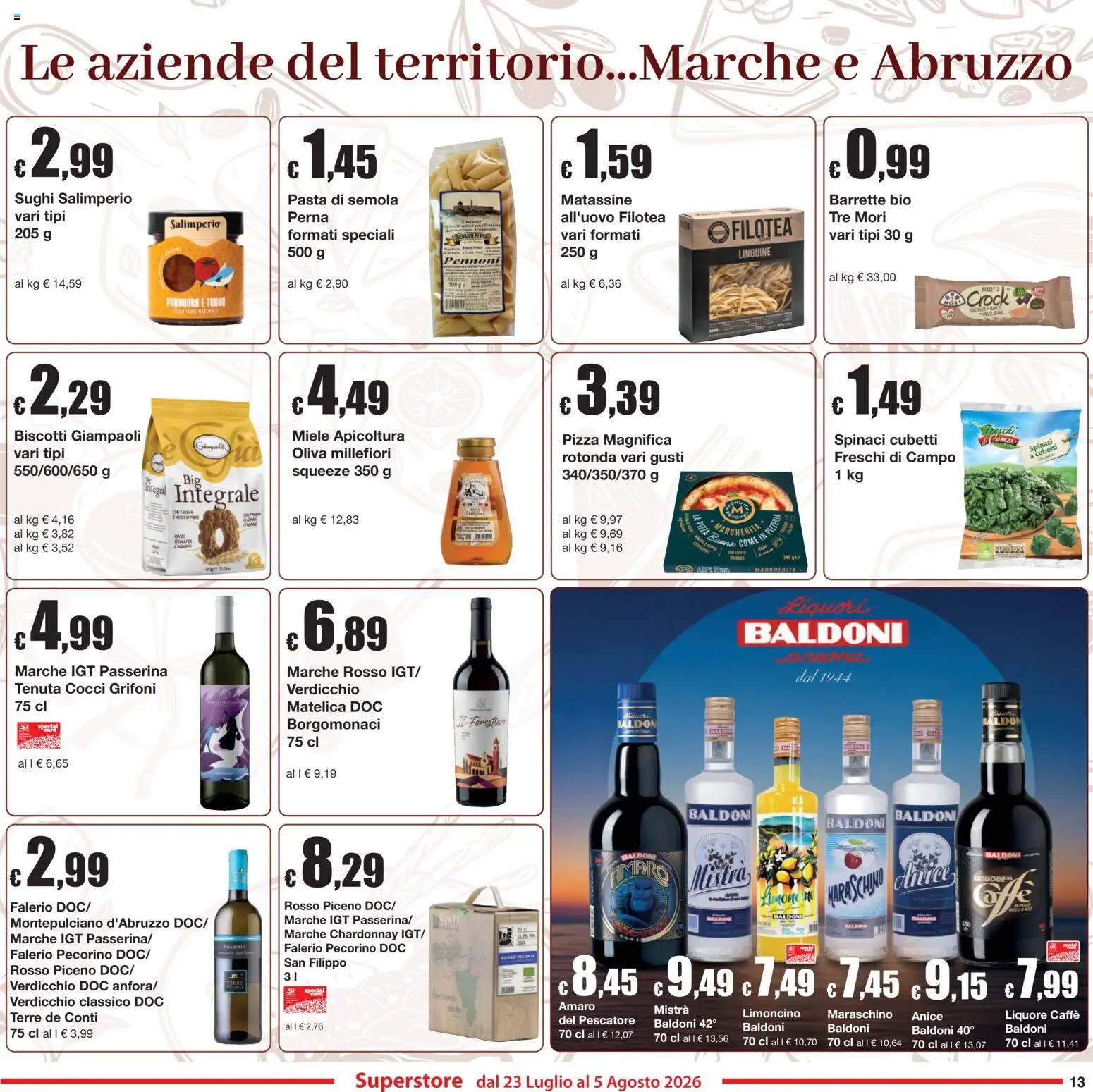 Volantino Sì con Te del 23/07/2026 | Pagina: 13 | Prodotti: Pizza, Biscotti, Spinaci, Liquore