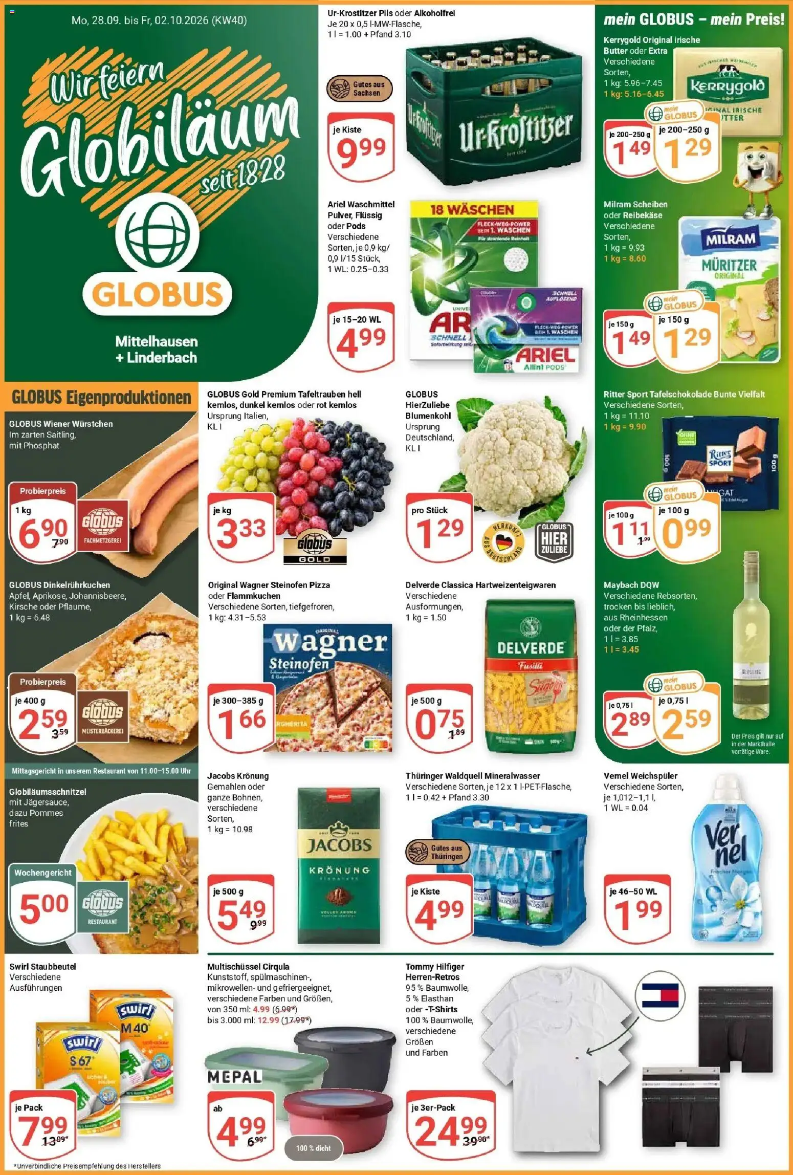 Globus Prospekt Mittelhausen (ab 28.09.2026) » Angebote online | Seite: 1 | Produkte: Ariel, Mineralwasser, Weichspüler, Uhr