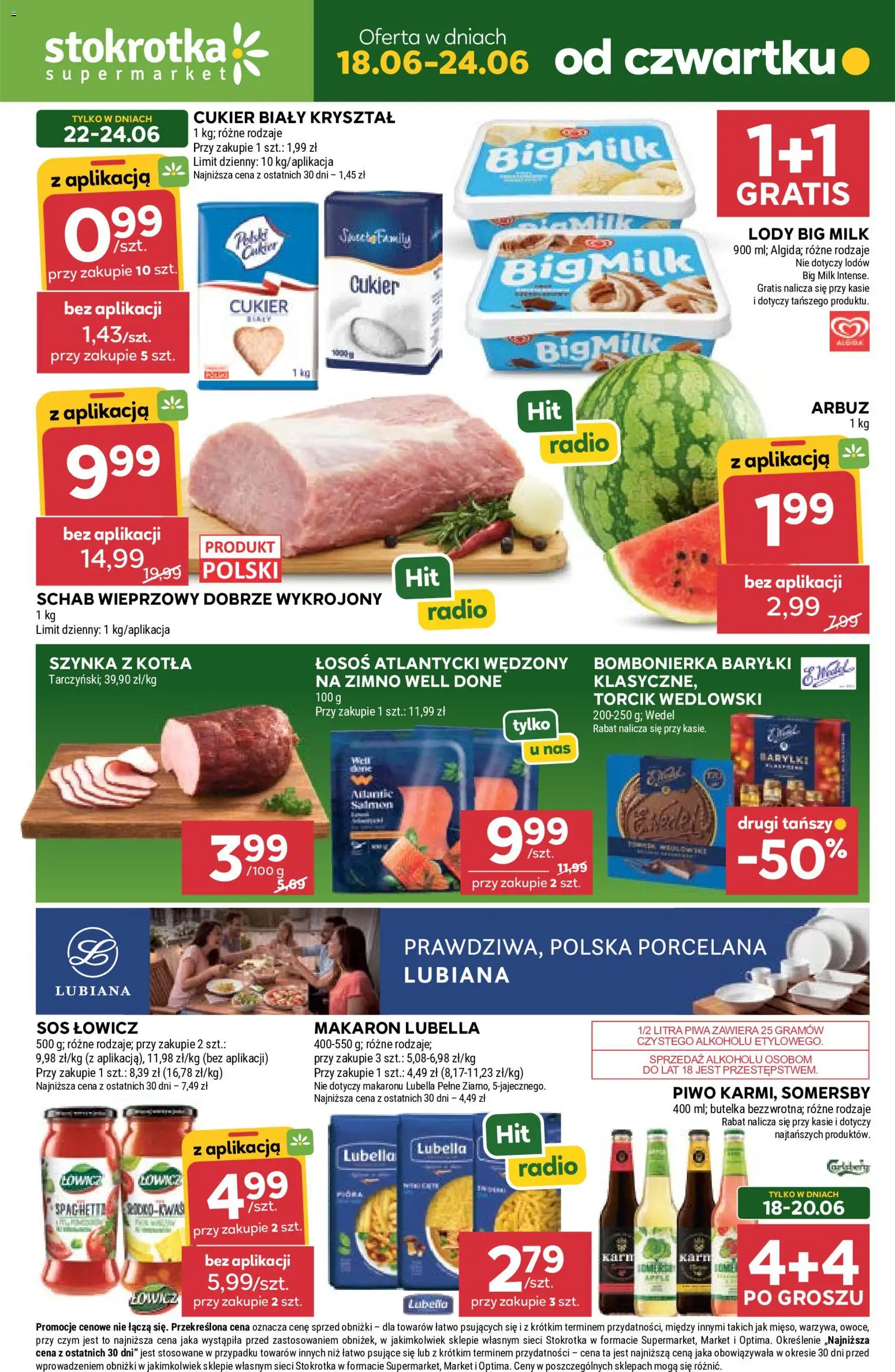 Stokrotka gazetka od 18.06.2026 | Strona: 1 | Produkty: Bombonierka, Big Milk, Cukier biały, Piwo