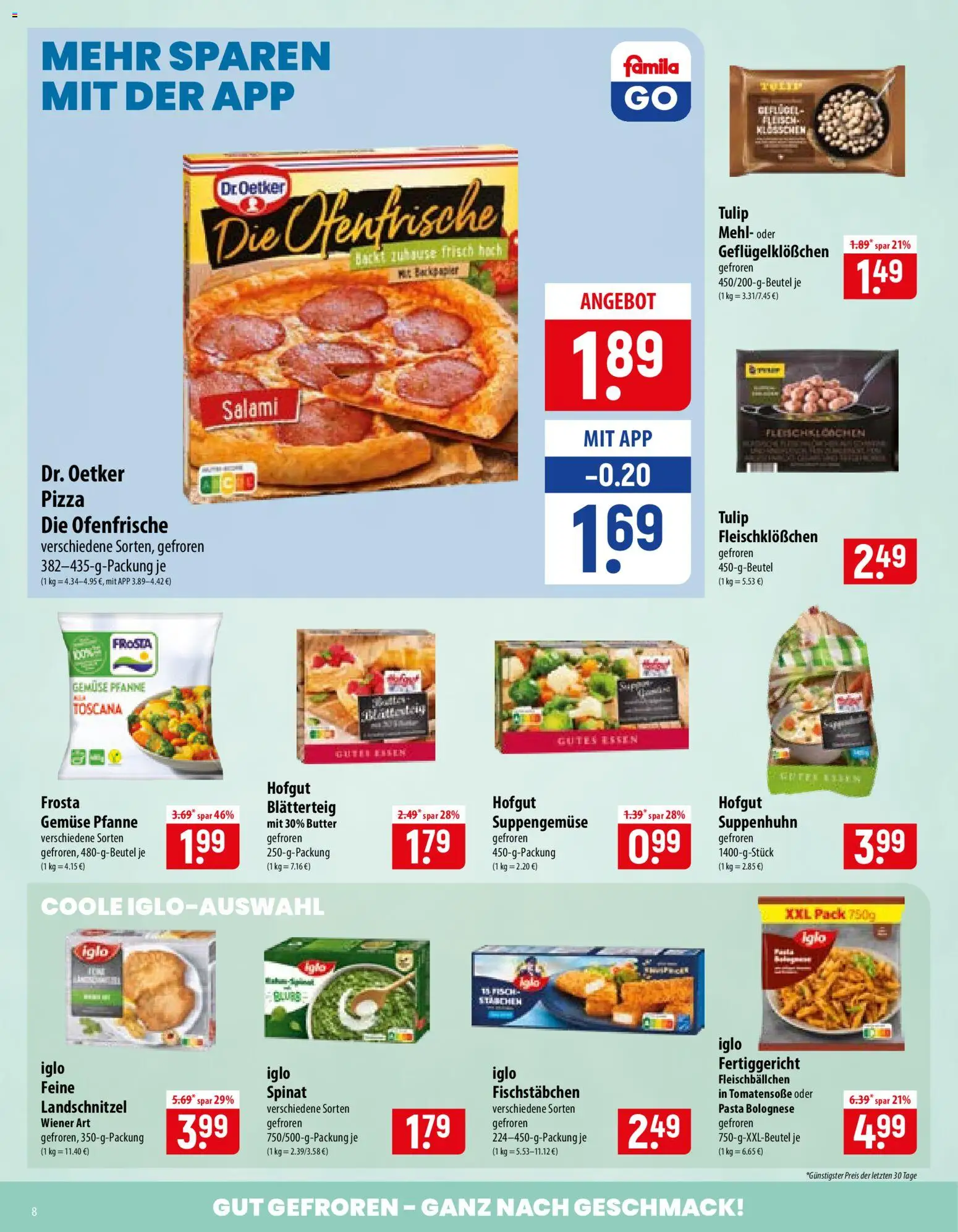 Famila Prospekt – gültig ab 02.11.2026 | Seite: 8 | Produkte: Ofenfrische, Fischstabchen, Salami, Pizza