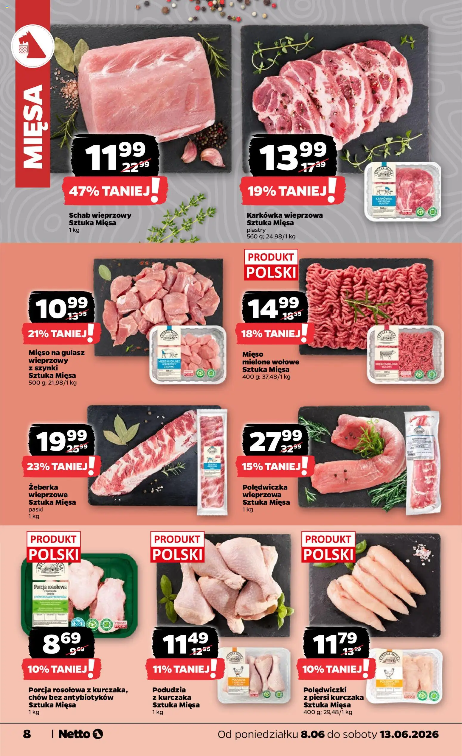 Netto gazetka od poniedziałku spożywcza od 08.06.2026 | Strona: 8 | Produkty: Karkówka, Piersi, Karkówka wieprzowa, Schab wieprzowy