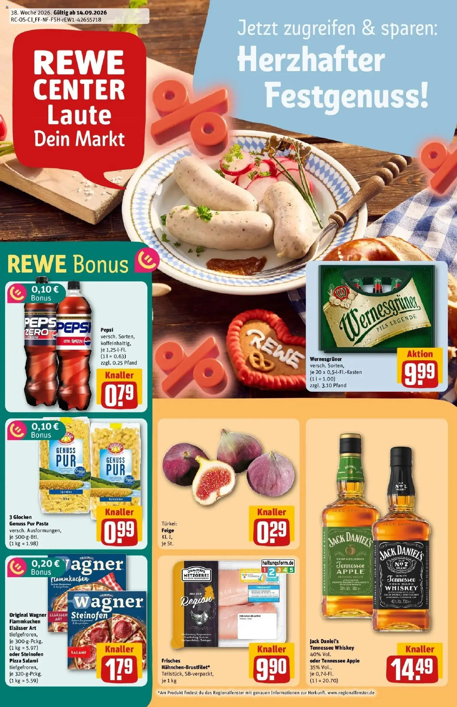 REWE Prospekt ab 14.09.2026 zum Blättern » Angebote | Seite: 1 | Produkte: Wernesgruner, Apple, Pepsi, Pizza