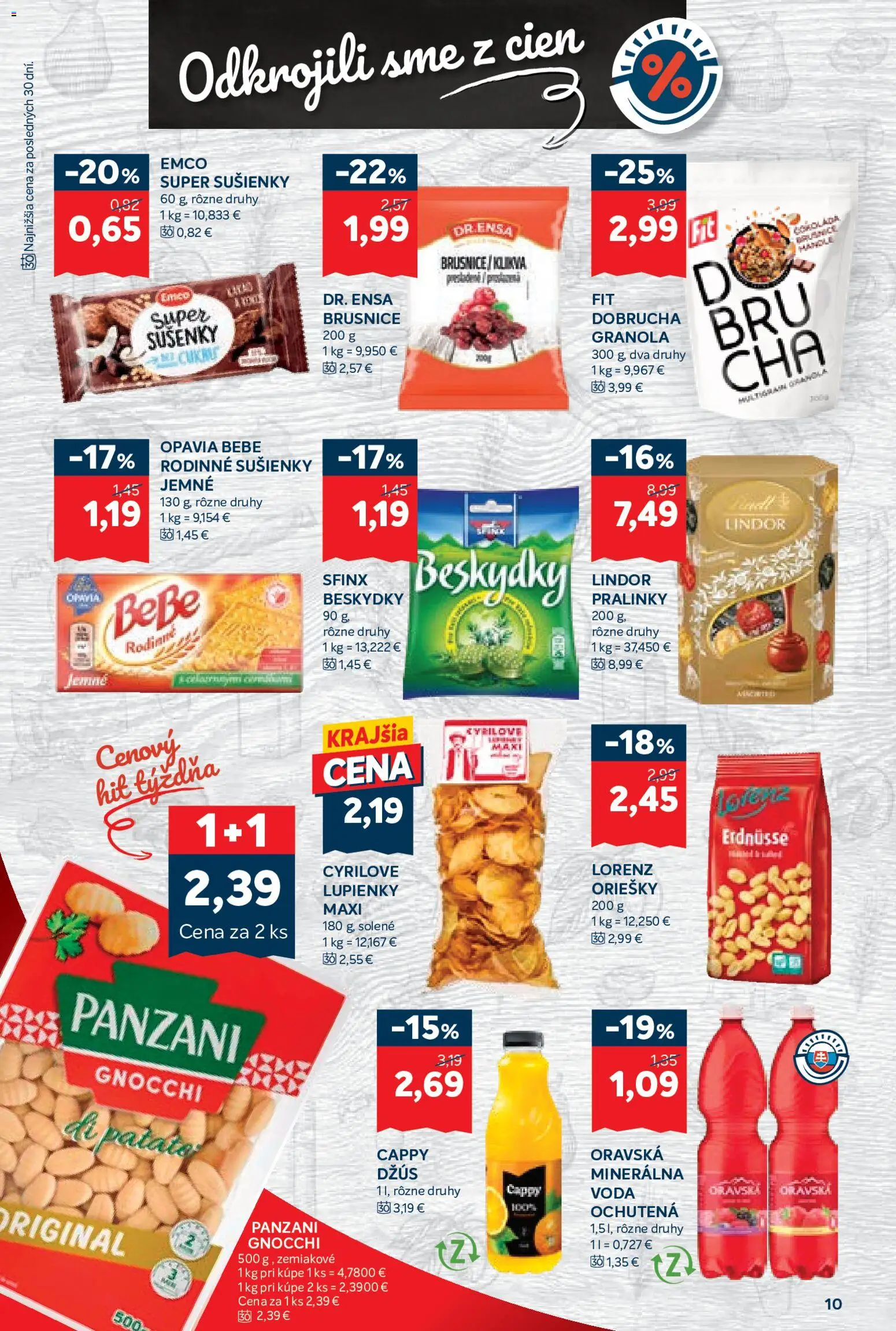Nové Kraj akcie – leták je platný od 06.08.2026 | Strana: 10 | Produkty: Džús, Lindor, Voda