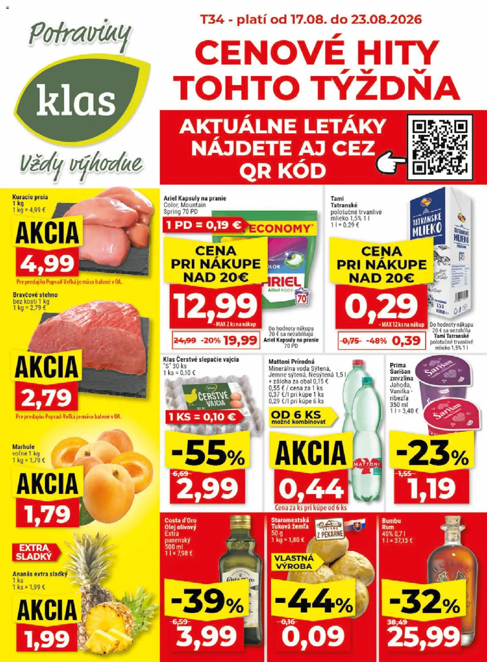 Nové Klas akcie – leták je platný od 17.08.2026 | Strana: 1 | Produkty: Olej, Mattoni, Marhule, Vanilka
