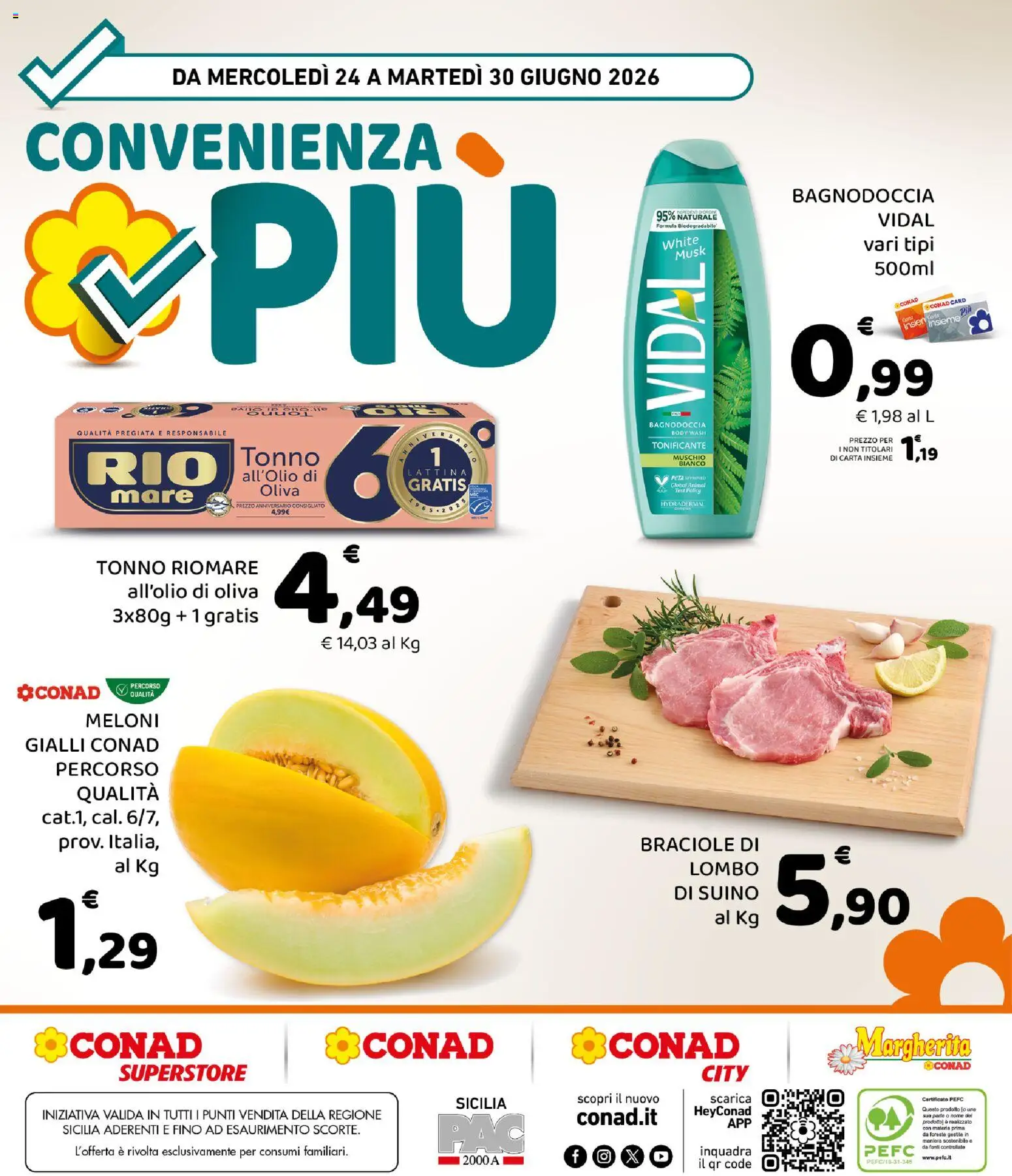 Volantino Conad del 24/06/2026 | Pagina: 8 | Prodotti: Suino, Tonno, Bagno, Doccia