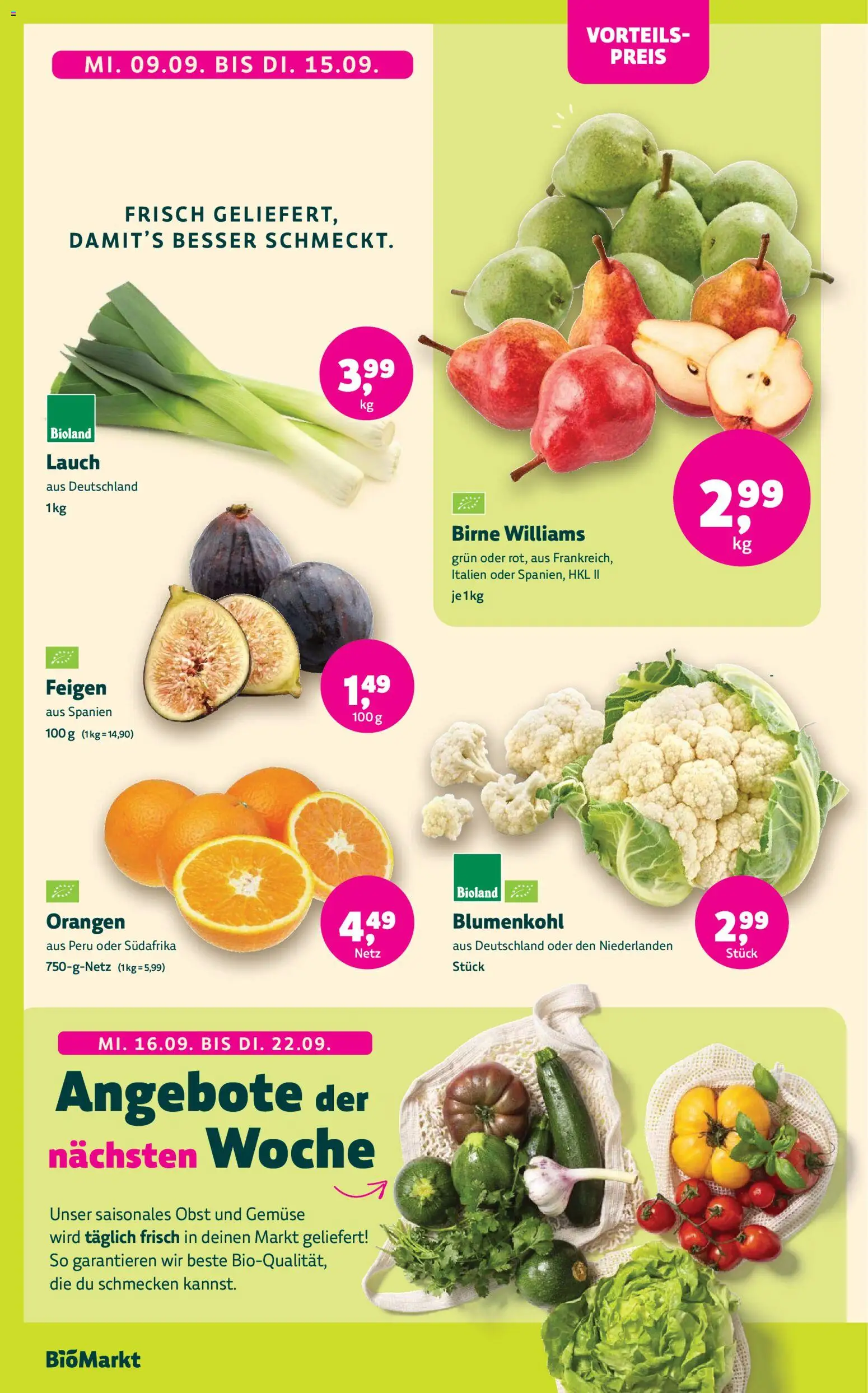 BioMarkt Prospekt – gültig ab 09.09.2026 | Seite: 2 | Produkte: Orangen, Gemüse, Obst, Blumenkohl