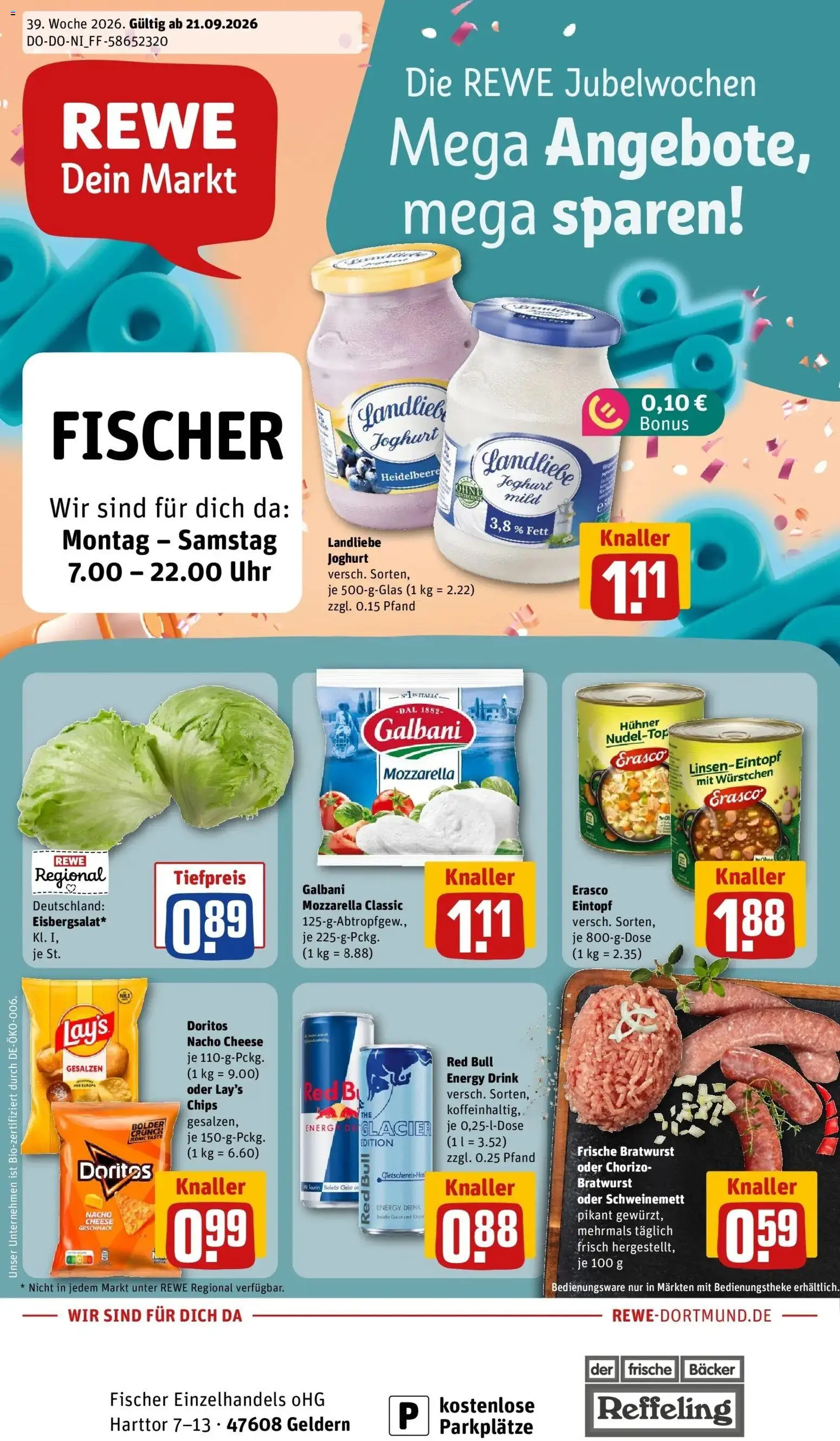 REWE Prospekt ab 21.09.2026 zum Blättern » Angebote | Seite: 1 | Produkte: Red bull, Mozzarella, Bratwurst, Erasco
