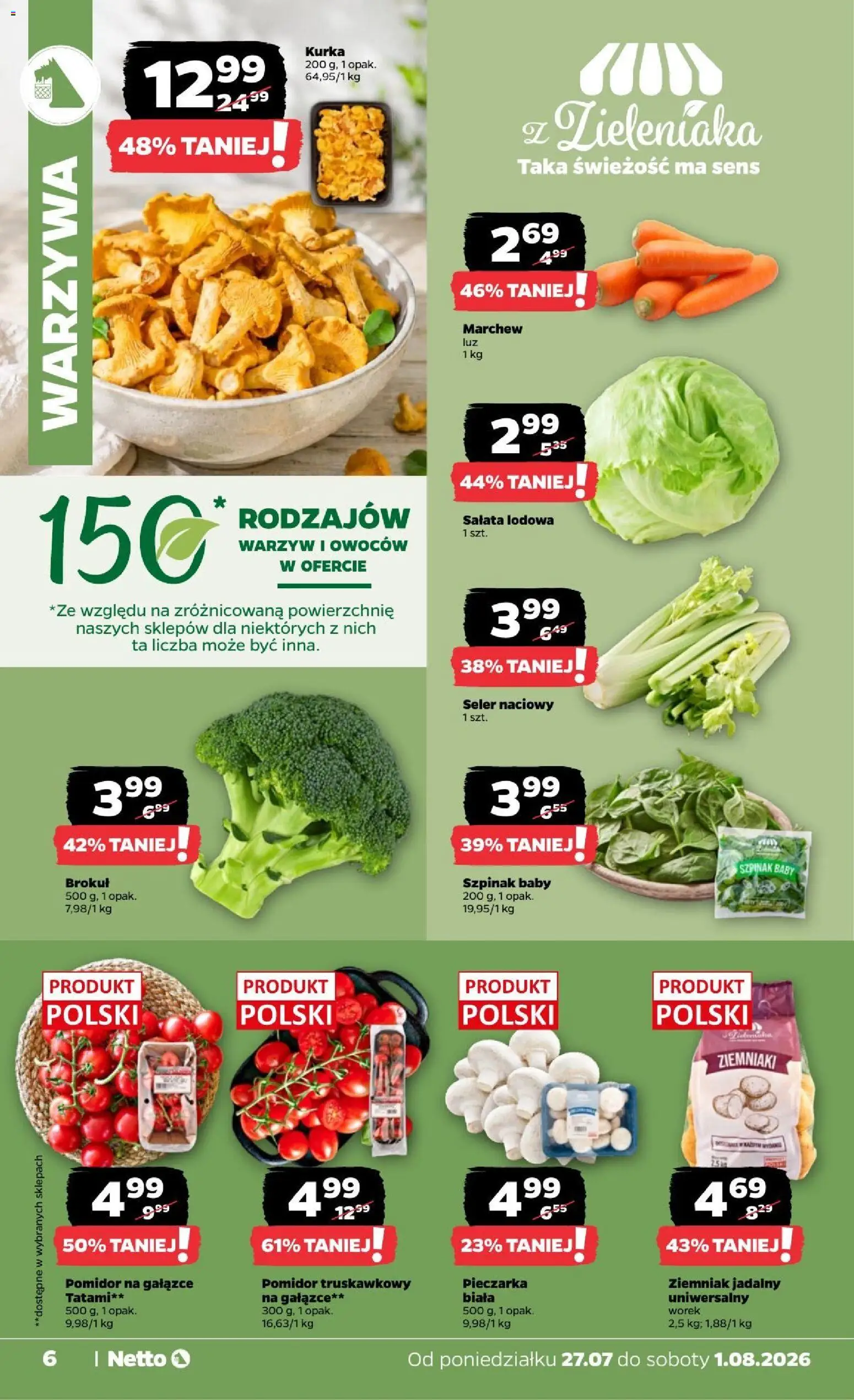 Netto gazetka od poniedziałku od 27.07.2026 | Strona: 6 | Produkty: Seler naciowy, Szpinak, Ziemniaki, Warzywa